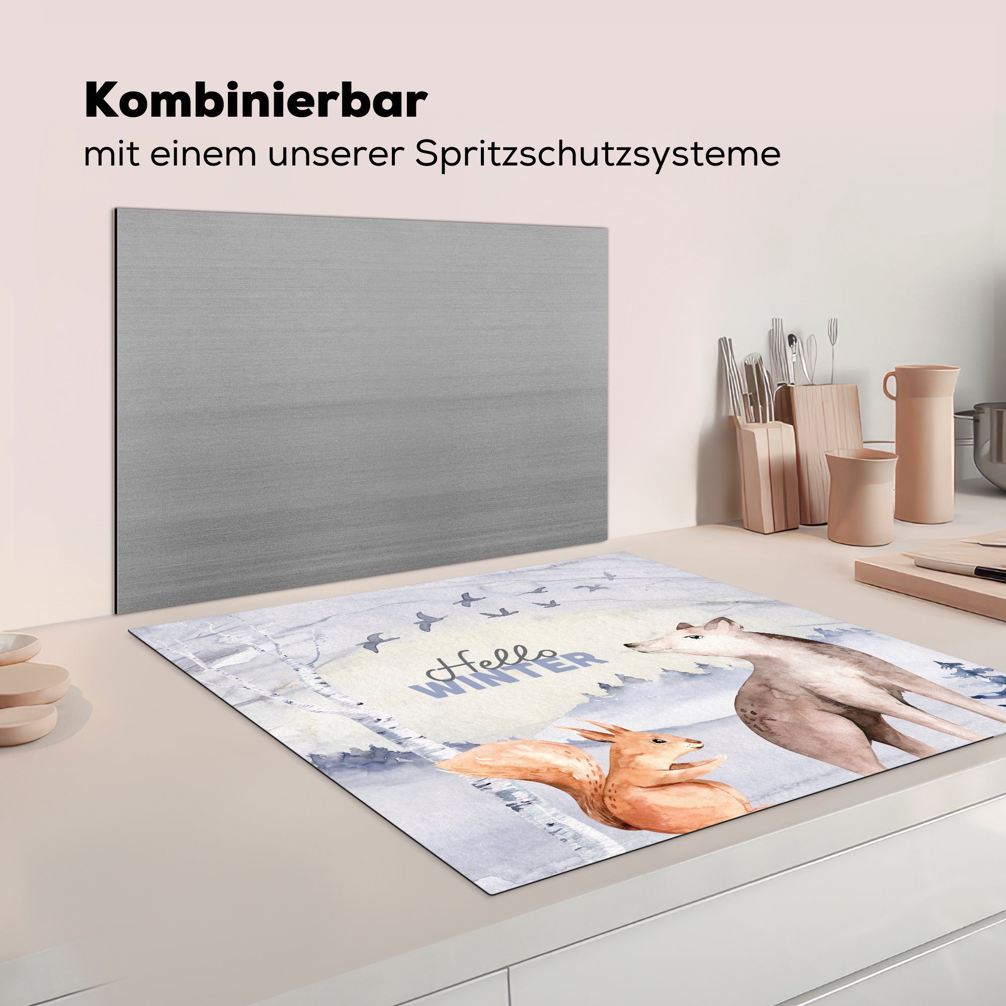 - Schnee 78x78 küche Tiere Vinyl, tlg), Ceranfeldabdeckung, Arbeitsplatte Winter, - für (1 MuchoWow cm, Herdblende-/Abdeckplatte