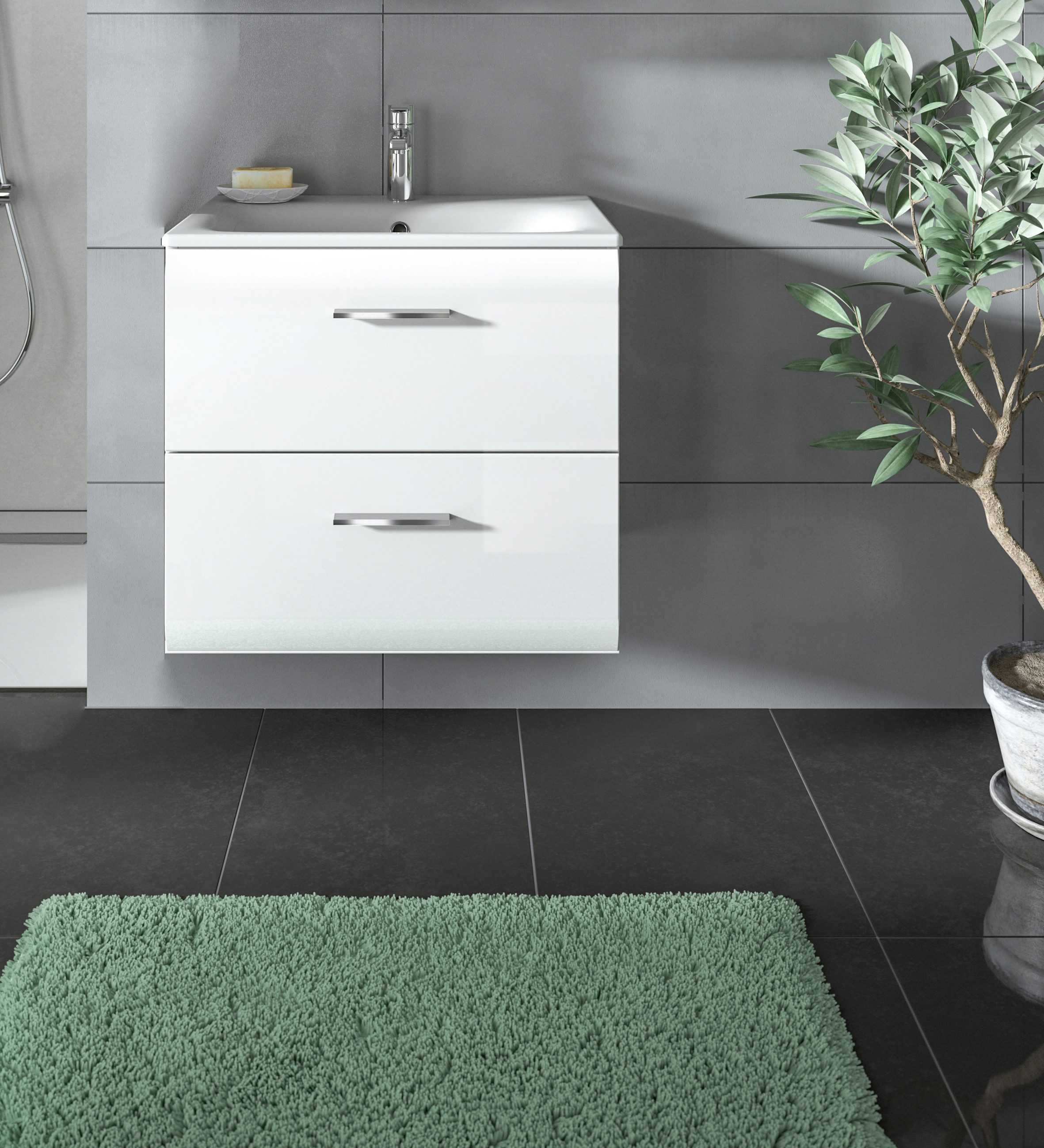 welltime Waschbeckenunterschrank FLORENZ, Breite 60 cm, inkl. Waschbecken, hängende Montage (2-St., TOPSELLER) hochwertige MDF Front, Griff chromglänzend, Badschrank, Bad