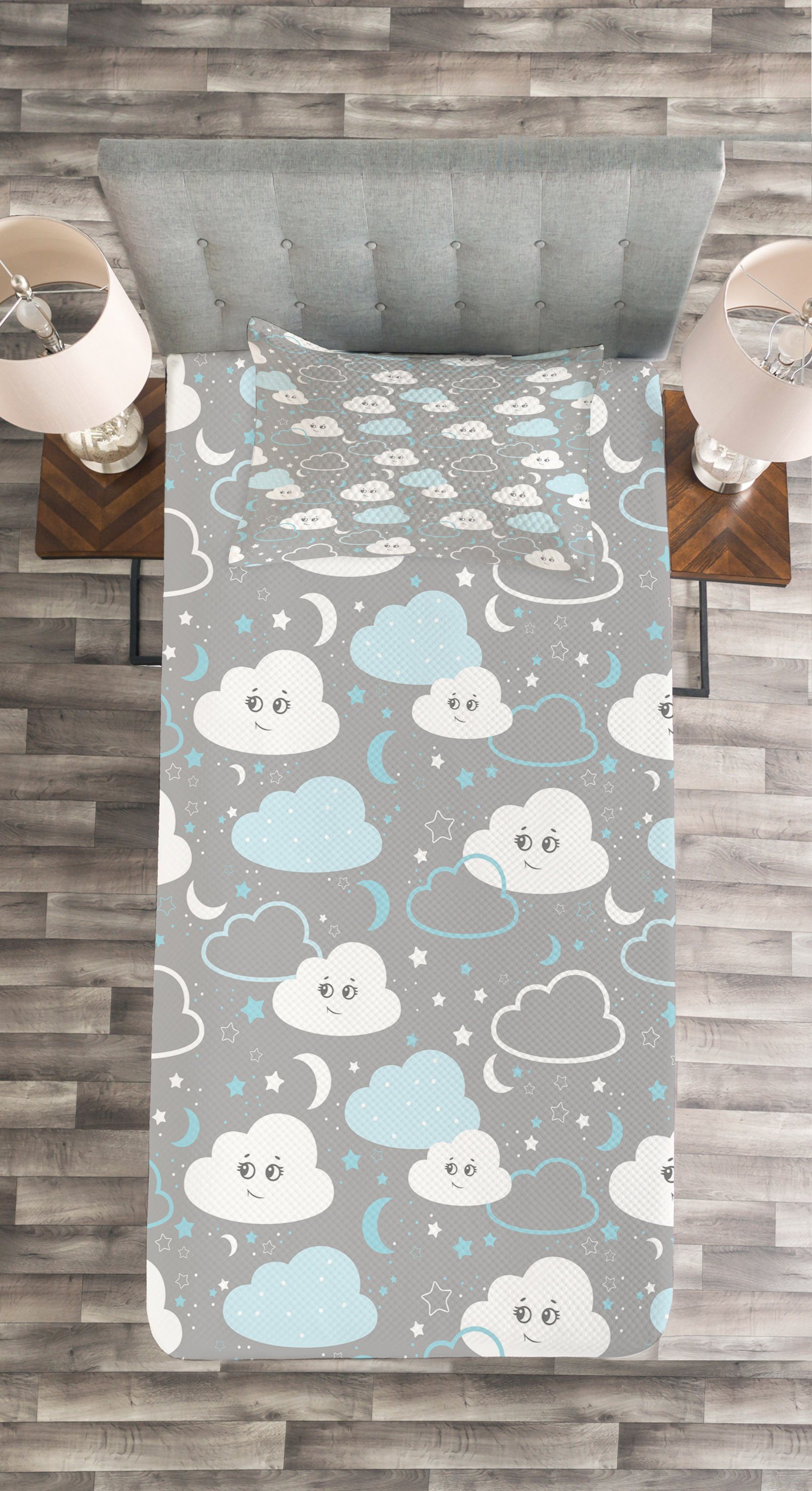 Grau Abakuhaus, mit Wolken Moons Tagesdecke Kissenbezügen Waschbar, Set Sterne Cartoon