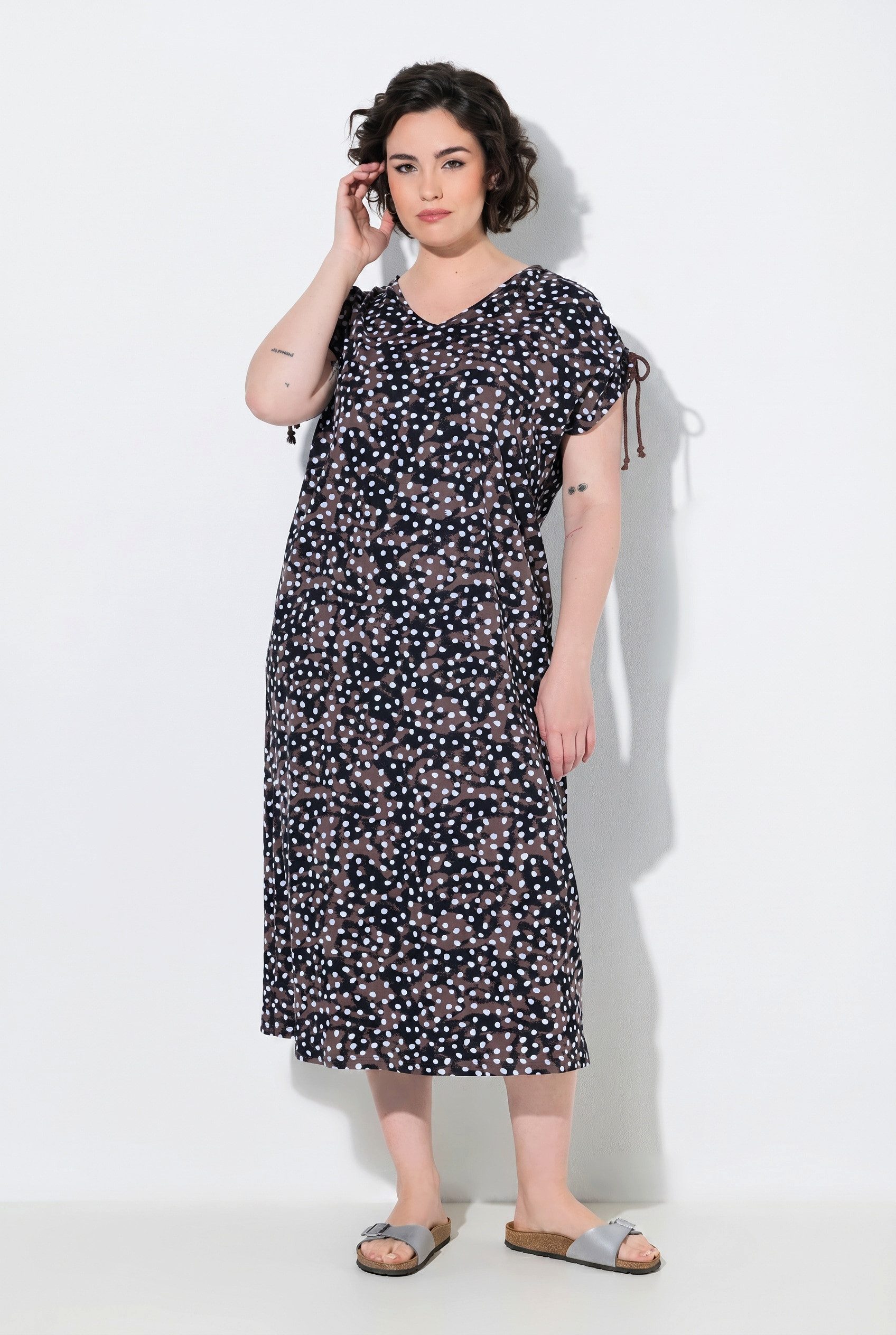 Ulla Popken Jerseykleid Midikleid Punkte V-Ausschnitt Schulter-Raffband