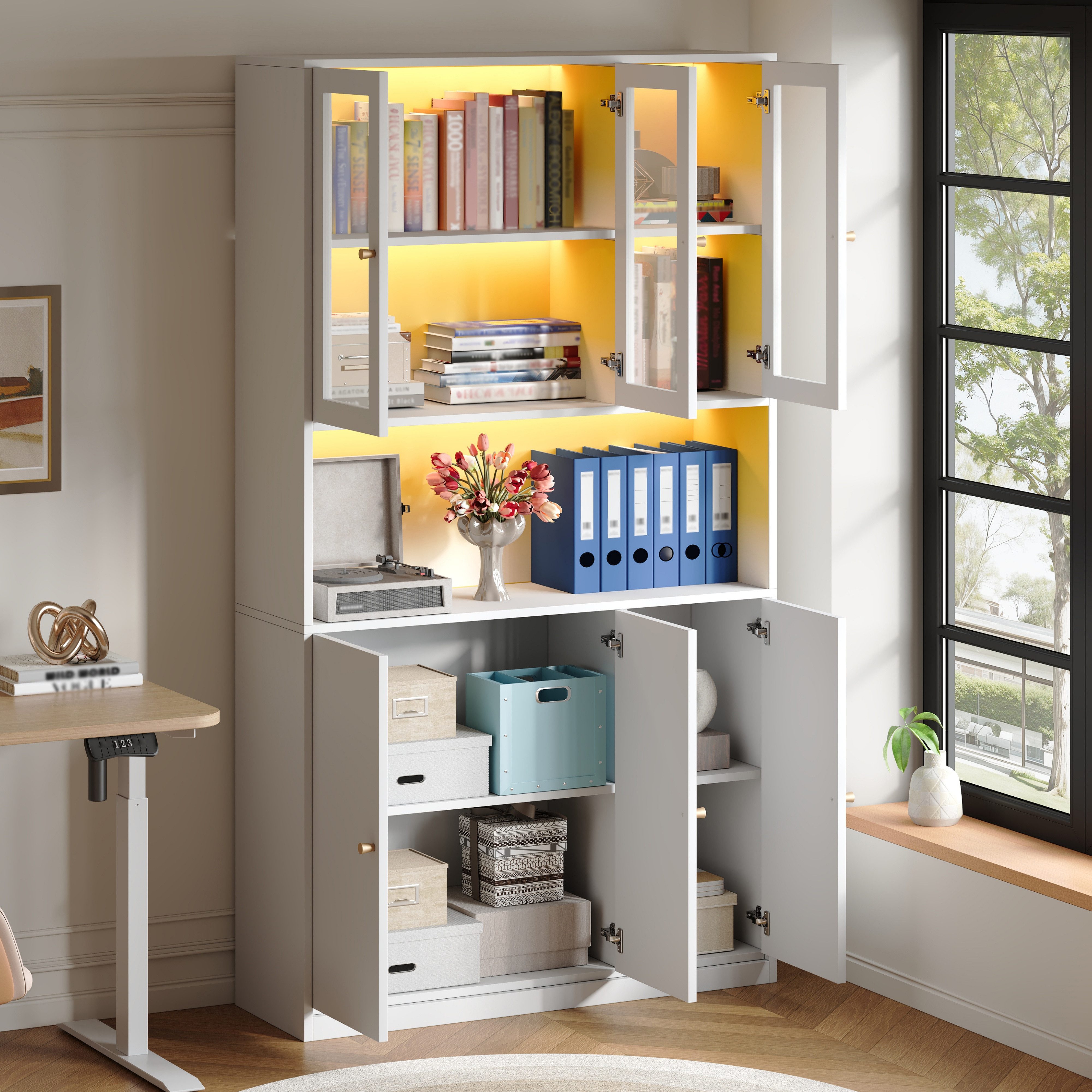 Odikalo Vitrine Küchenschrank Vitrineschrank Bücherregal mit LED (100×35×200 cm mit Glastüren und LED-Beleuchtung – Standregal mit Vitrine, offenem Fach und 3 Türen, Aktenschrank für Ordner und Bücher)