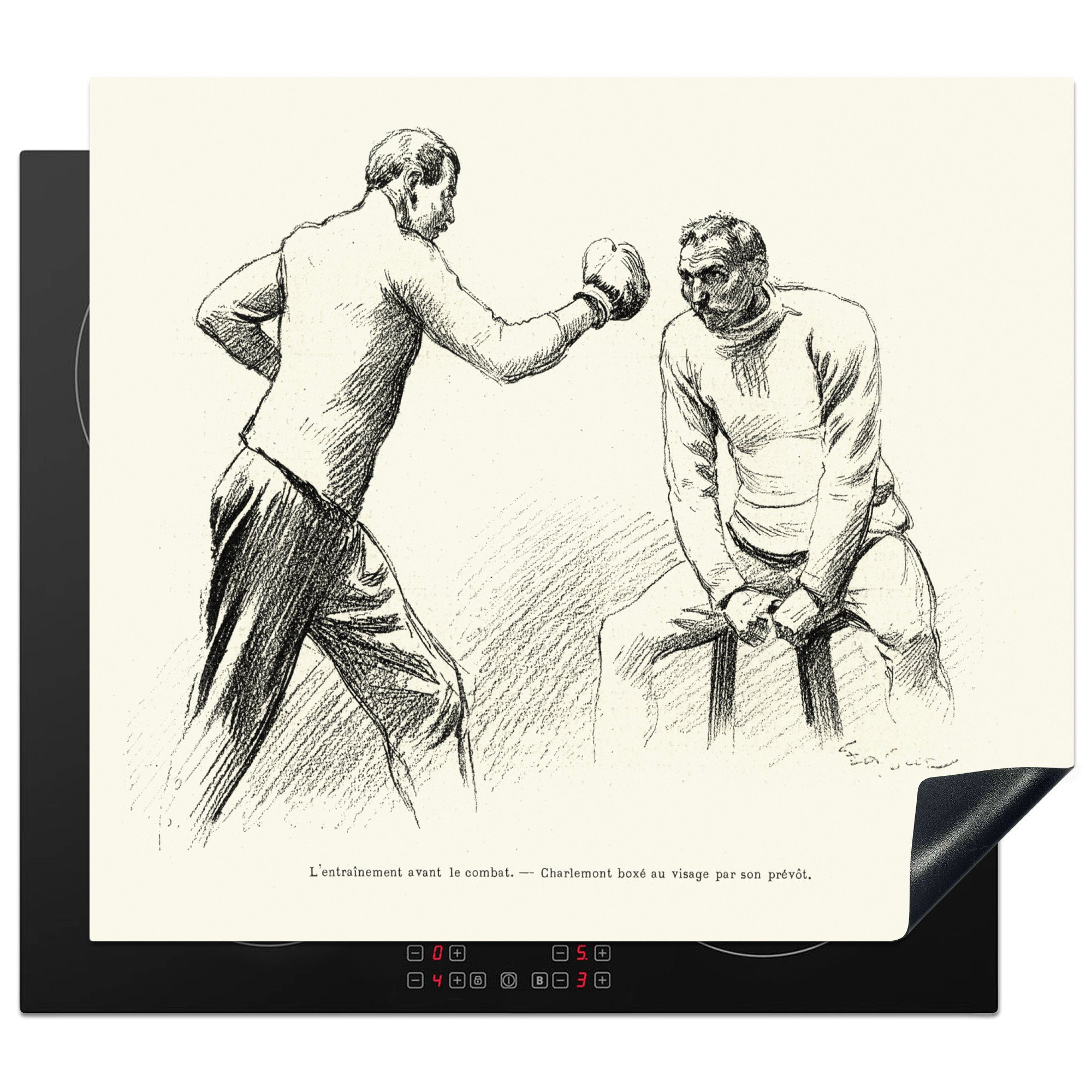 MuchoWow Herdblende-/Abdeckplatte Eine antike Illustration von zwei Männern beim Boxen, Vinyl, (1 tlg), 60x52 cm, Mobile Arbeitsfläche nutzbar, Ceranfeldabdeckung | Herdabdeckplatten