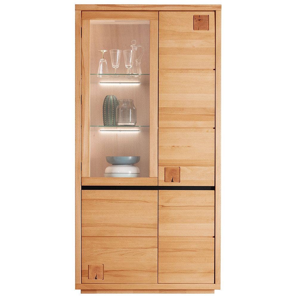 Lomadox Vitrine WINCHESTER-69 Vitrinenschrank Standvitrine 103 cm Buche massiv geölt Hirnholz-Detail