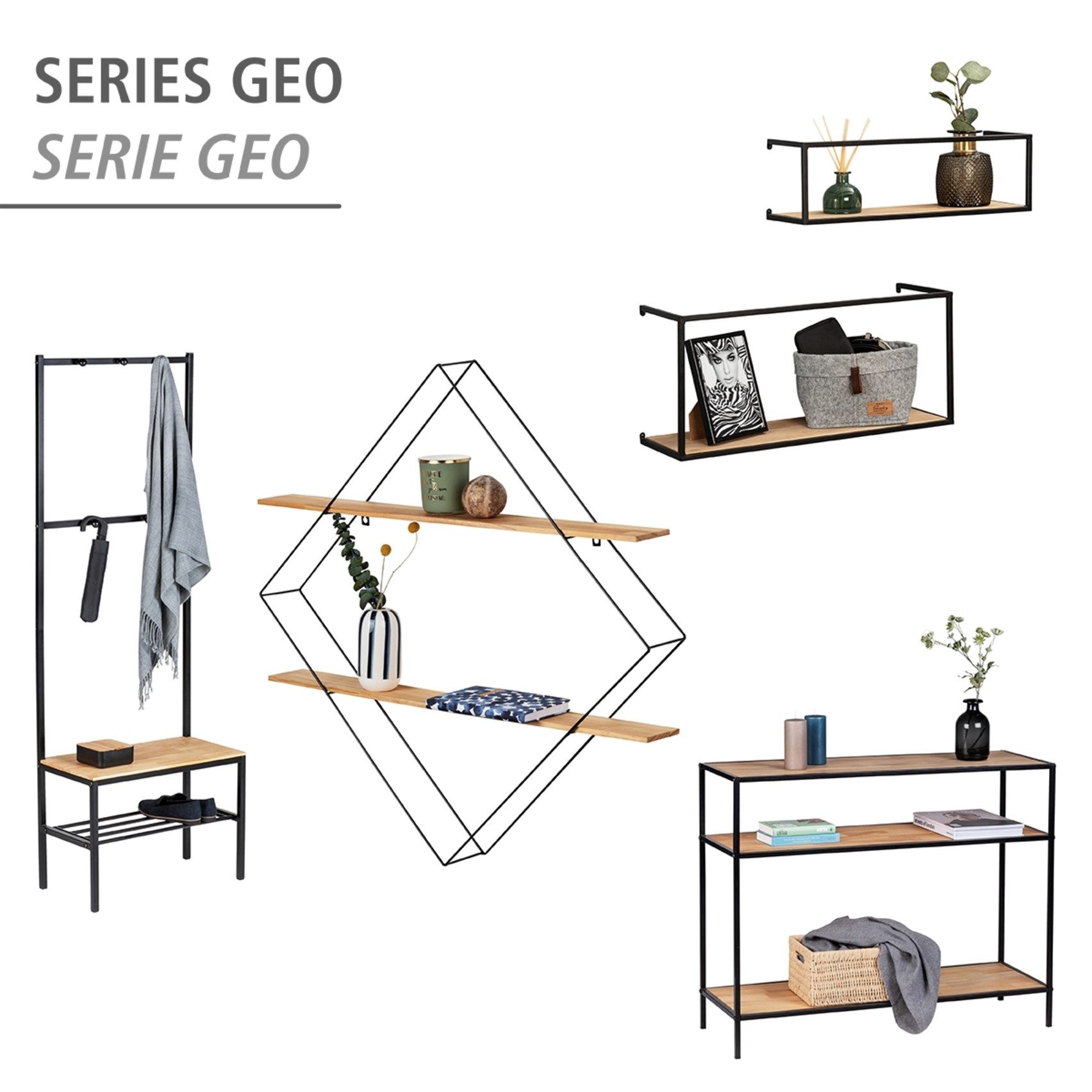 WENKO Schieberegal Wenko Wandregal Geo Metall Kiefernholz Braun Schwarz 56 x 10 x 56 cm, Wandregal