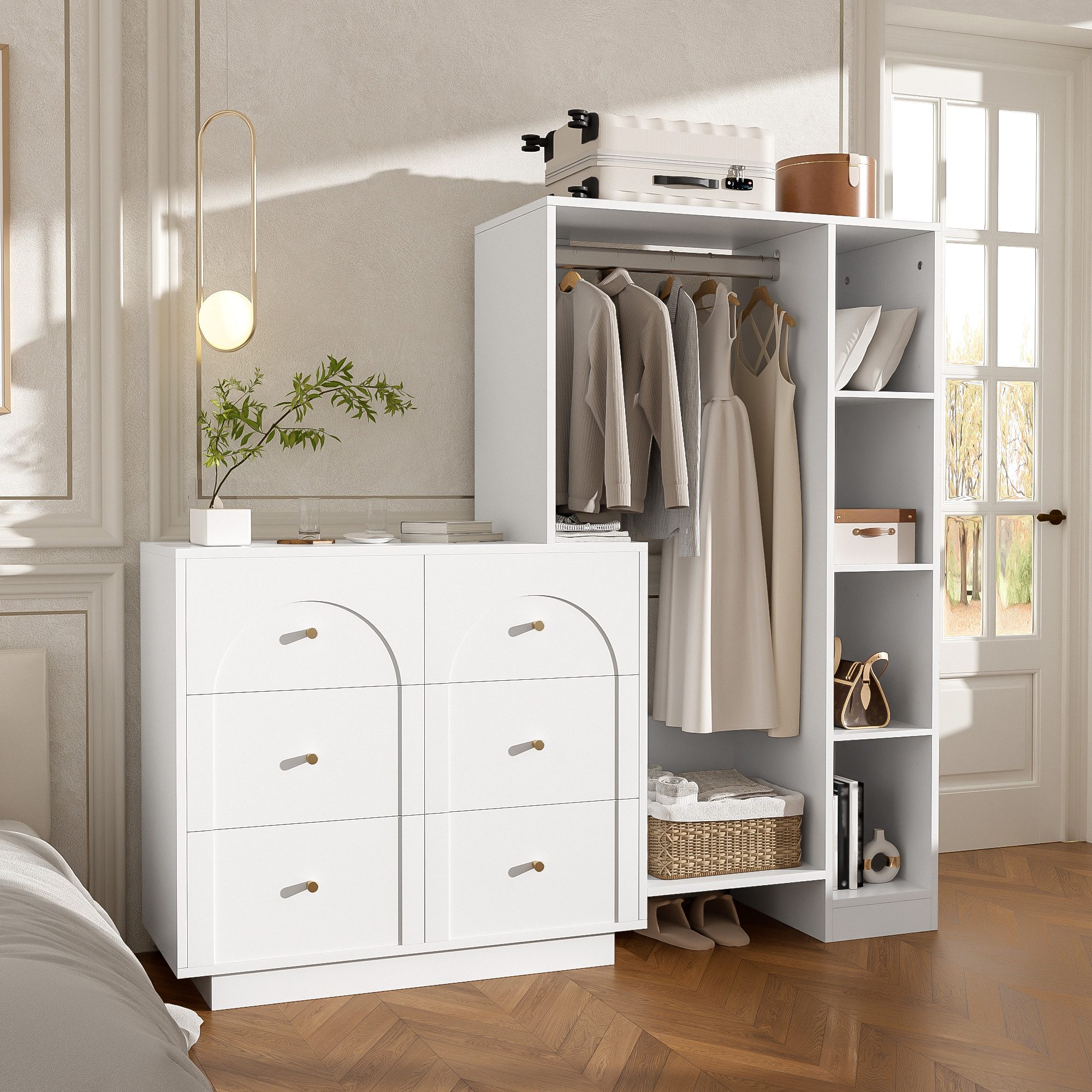 Flieks Garderoben-Set Garderobenständer Kleiderschrank & Kommode mit 6 Schubladen, (B139xT35xH133 cm, mit verstellbaren Einlegeböden), Kompaktgarderobe Garderob – Bild 3 von 5