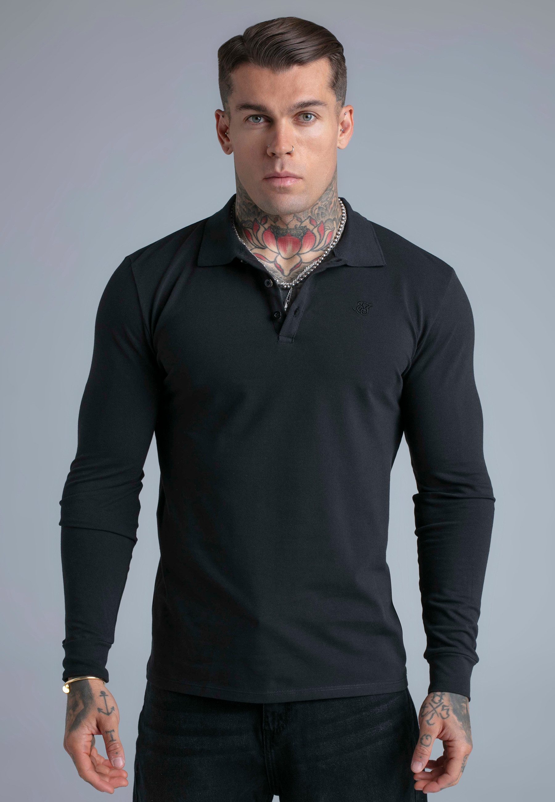 Siksilk T-Shirt SikSilk Herren Schwarzes Langarm Button-Polo