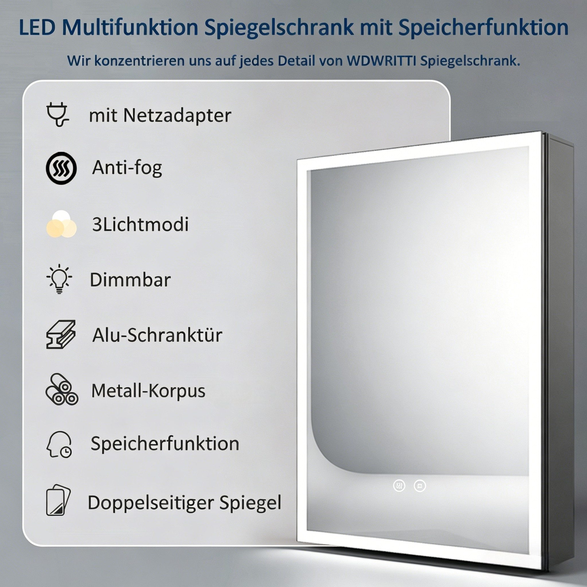 WDWRITTI Spiegelschrank Schwarz mit beleuchtung Hängeschrank 3Lichtfarben Dimmbar Anti-fog (Badezimmerspiegelschrank mit LED, Speicherfunktion, 1 türen 50x70cm, 40x60cm, Doppelseitiger Spiegel, Alu-Schranktür) Full Surround Light Strip, mit Netzadapter
