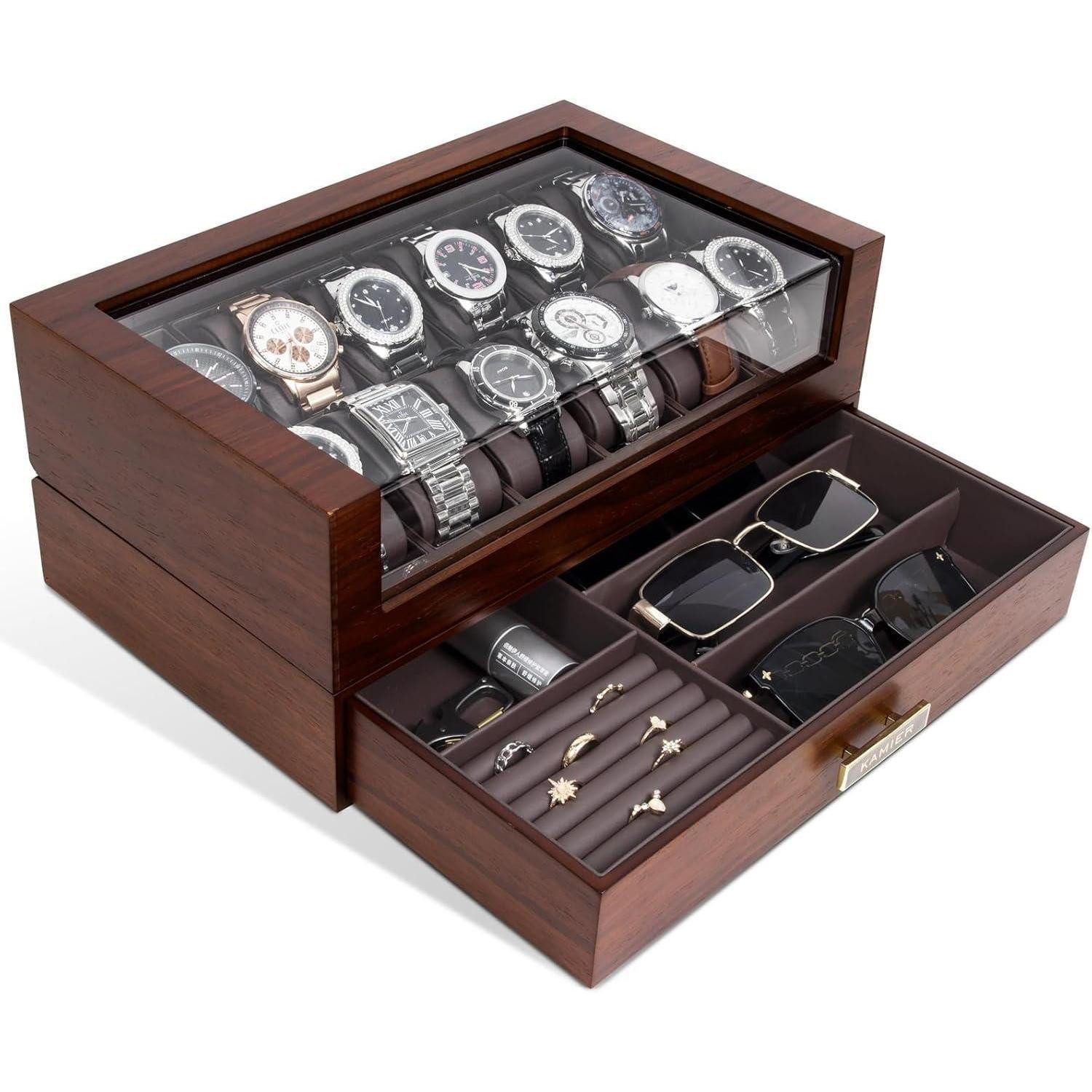 LuxusKollektion Uhrenbox Uhrenbox Herren Echtholz 12 Fächer Uhrenkoffer Schublade Walnuss