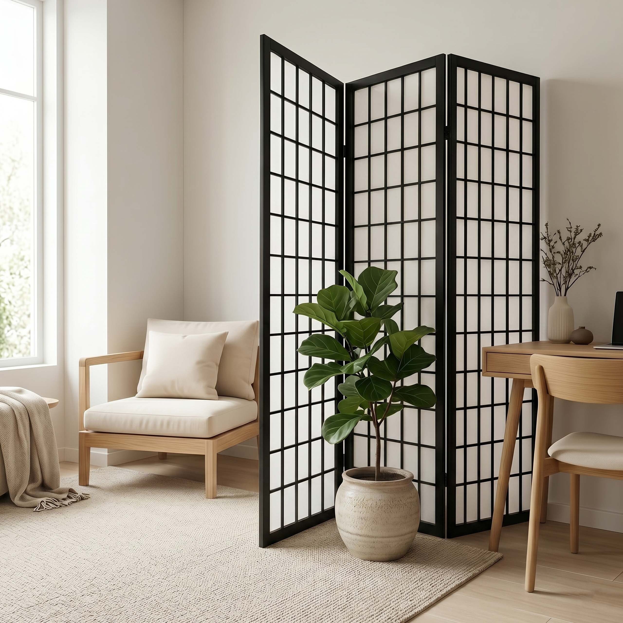 relaxdays Paravent Bambus Stoff & Holzrahmen, schwarz, 3-teilig