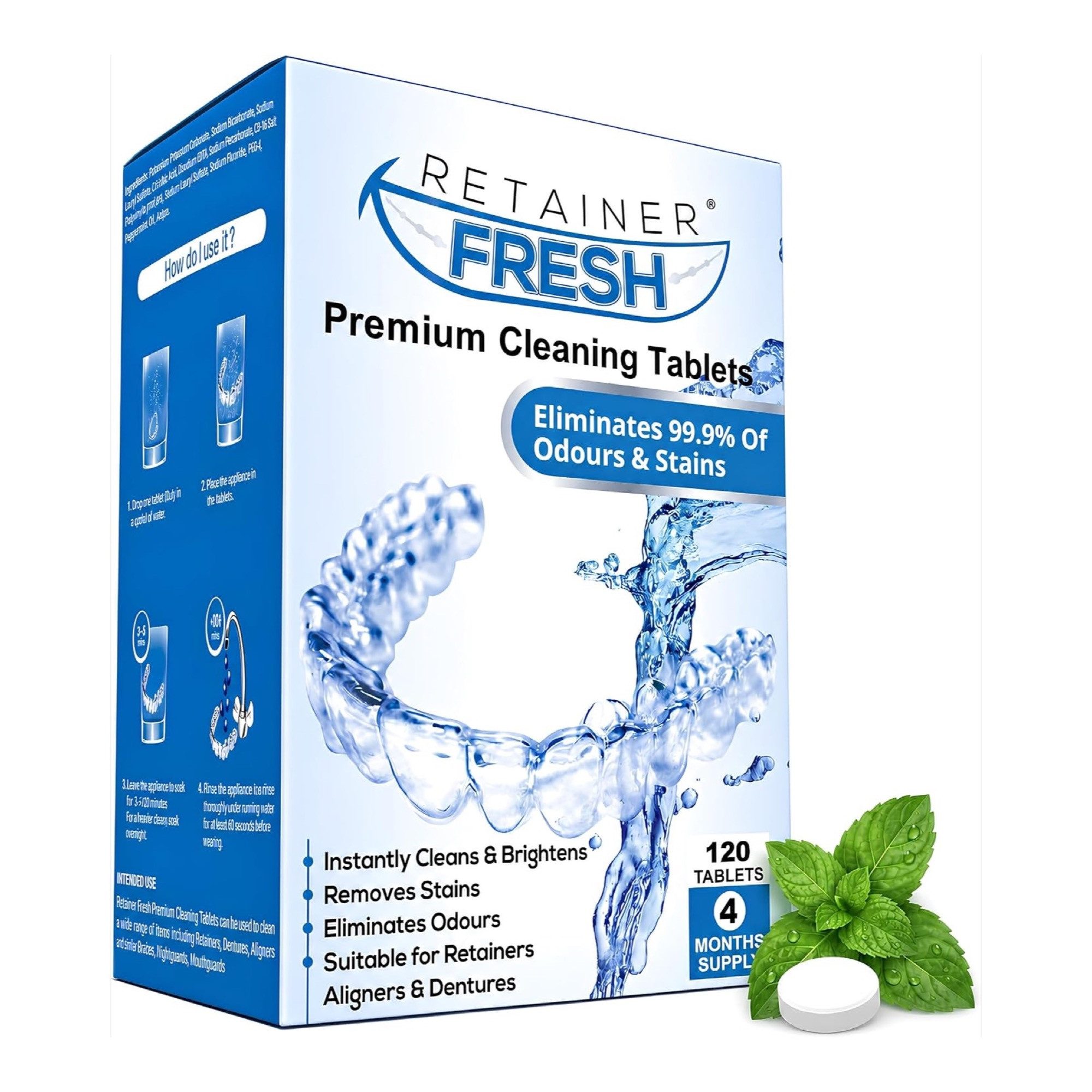 Retainer Fresh Zahnspangenreiniger für Retainer, Aligner & Zahnschienen Reinigungstabletten (Packung, [120-St. 4-Monats-Vorrat einzeln versiegelt)
