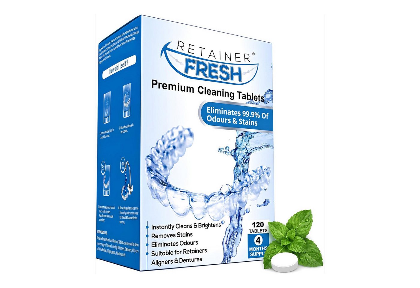 Retainer Fresh Zahnspangenreiniger für Retainer, Aligner & Zahnschienen Reinigungstabletten (Packung, [120-St. 4-Monats-Vorrat einzeln versiegelt)
