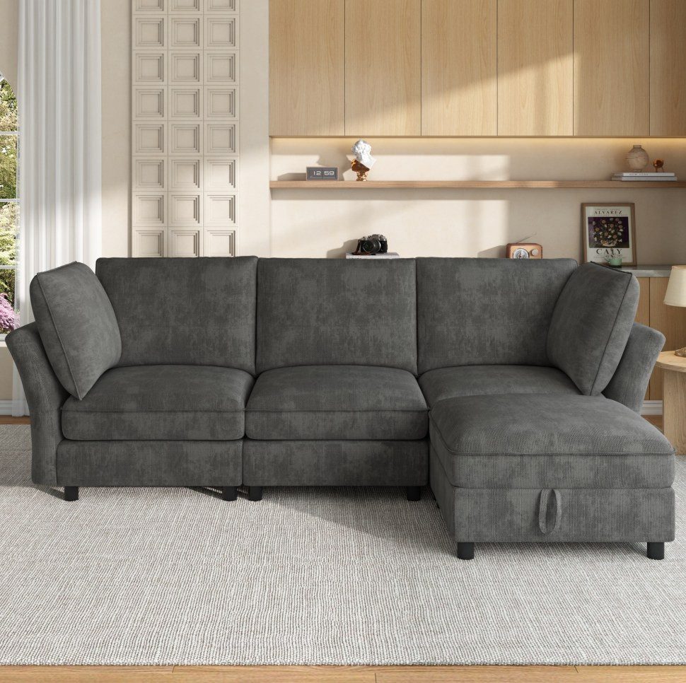 OKWISH Ecksofa Modulares Sofa mit Stauraum-Hocker & Kissen, Grau, 225x137x84cm, für 4-5 Pers. 1 Teile, L-Form, Chenille, 2 Armlehnenkissen