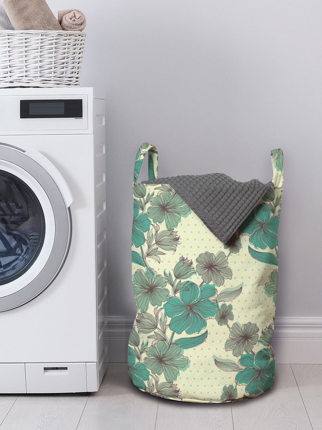 Wäschesäckchen Wäschekorb für Schraffierte Waschsalons, mit Tupfen Kordelzugverschluss Jahrgang Blumen Abakuhaus Griffen
