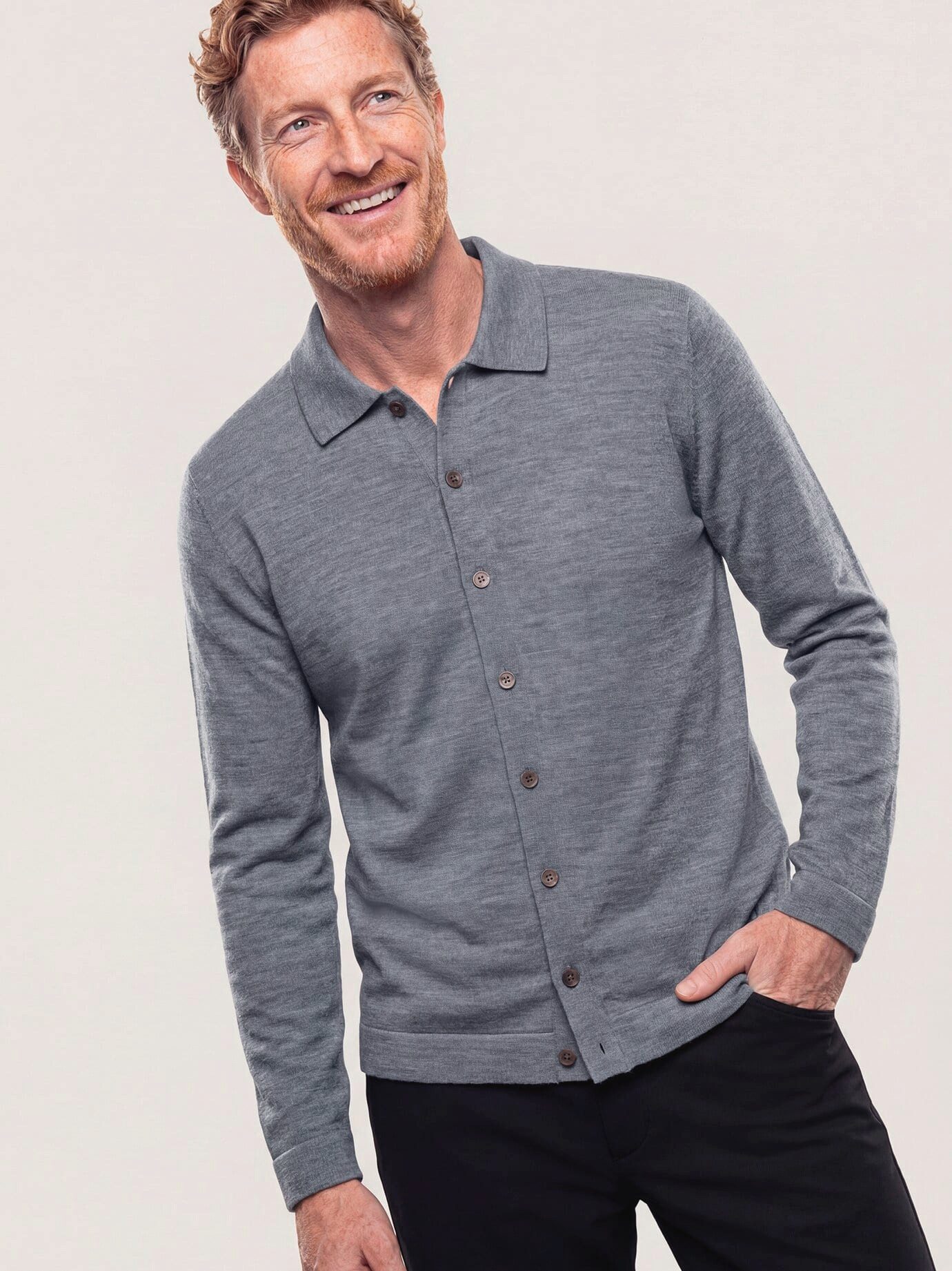 Walbusch Polokragenpullover Herren Strickpolo aus Merinowolle Pflegeleicht Extrafeine Merinowolle, Perlmuttknöpfe, formstabil und Easy-Care