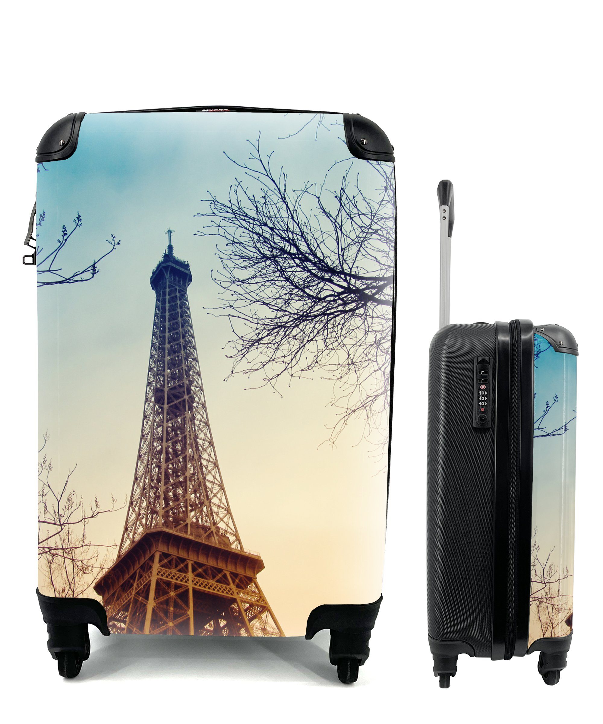 MuchoWow Handgepäckkoffer Der Eiffelturm in Kombination mit kahlen Herbstzweigen und einer tief, 4 Rollen, Reisetasche mit rollen, Handgepäck für Ferien, Trolley, Reisekoffer