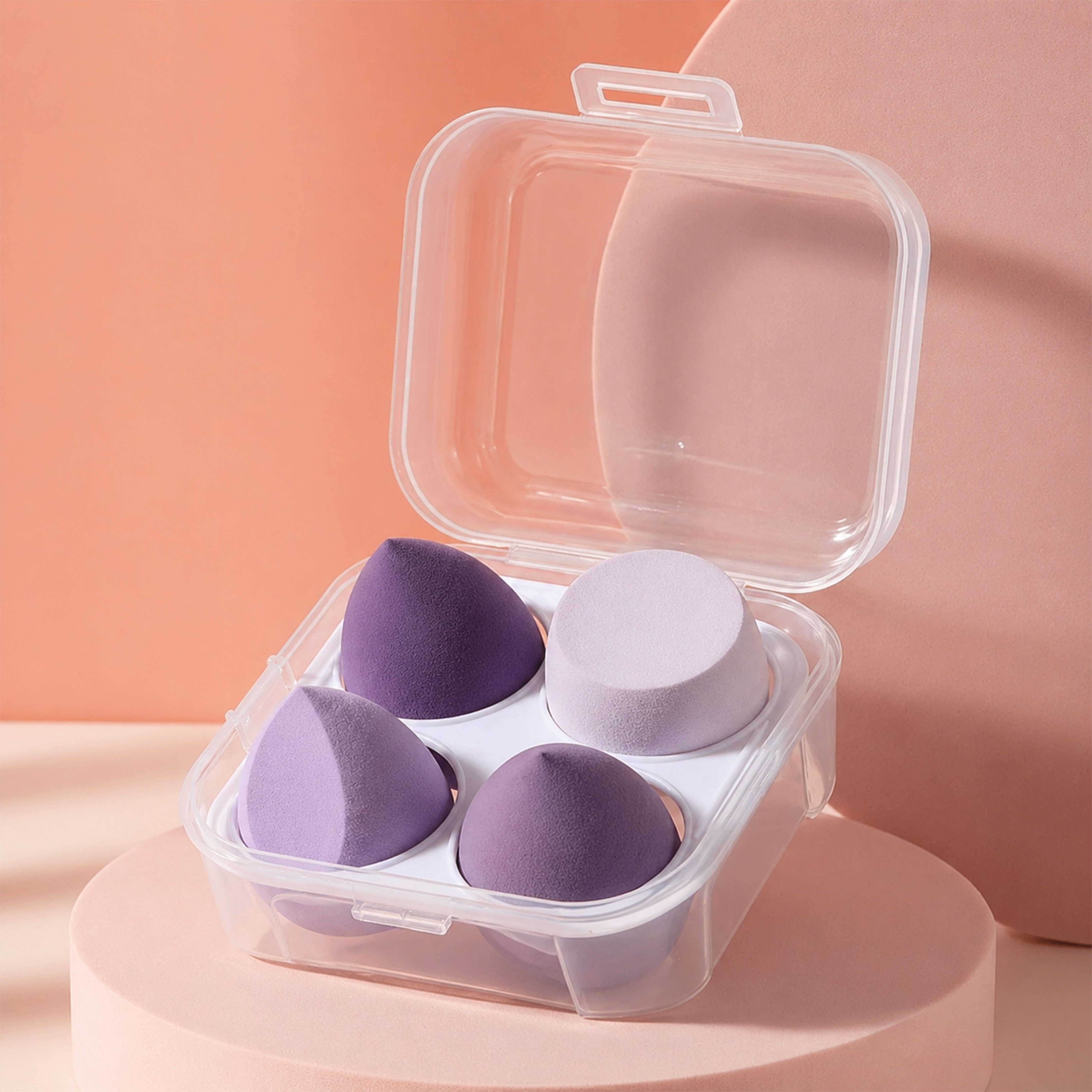 Jungengel Schminkschwamm Beauty Blender Make Up Schwamm Set Kosmetikschwämme Blender Box, Set, 4 tlg., 4 Make-up-Schwämme in verschiedenen Formen und Lilatönen, Latexfreie Beauty Blender mit Aufbewahrungsbox