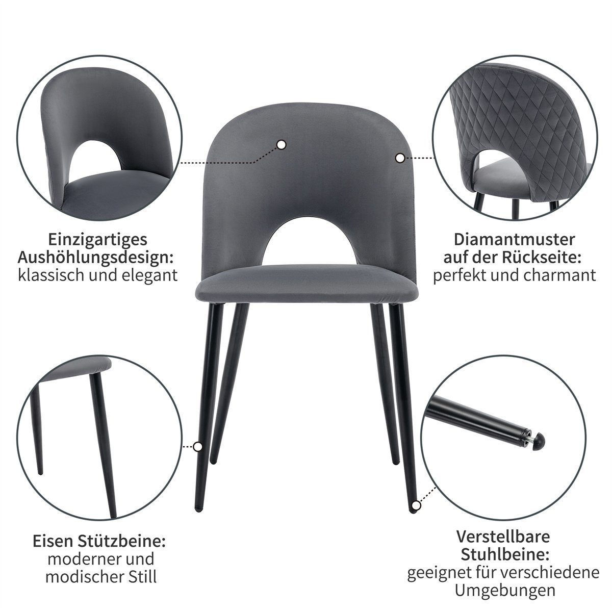 Rückenlehne,Sitzfläche (2 aus Esszimmerstuhl St), Gestell Design,Verstellbare Füße aus Esszimmerstuhl,Küchenstühle Metall,Polsterstuhl Grau mit XDeer Samt