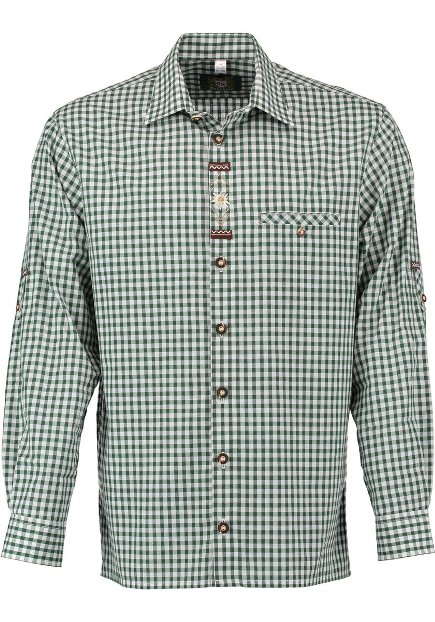 OS-Trachten Trachtenhemd Smoba Langarmhemd mit Paspeltasche, Edelweiß-Stickerei auf der Knopfleiste khaki/schlamm | Trachtenhemden