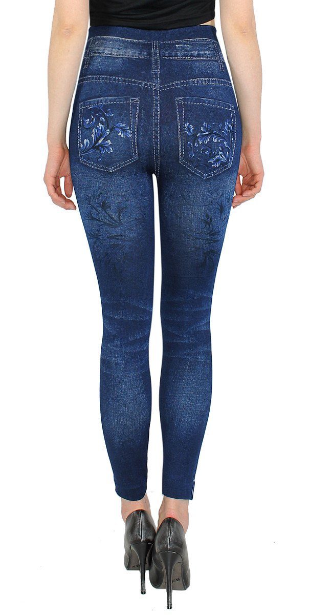 mit Jeggings Jeans-Optik Innenfutter Leggings WL157-BlueRoyal elastischem Bund, Thermoleggings Thermo Damen Gefüttert dy_mode mit Thermoleggings Geblümt,