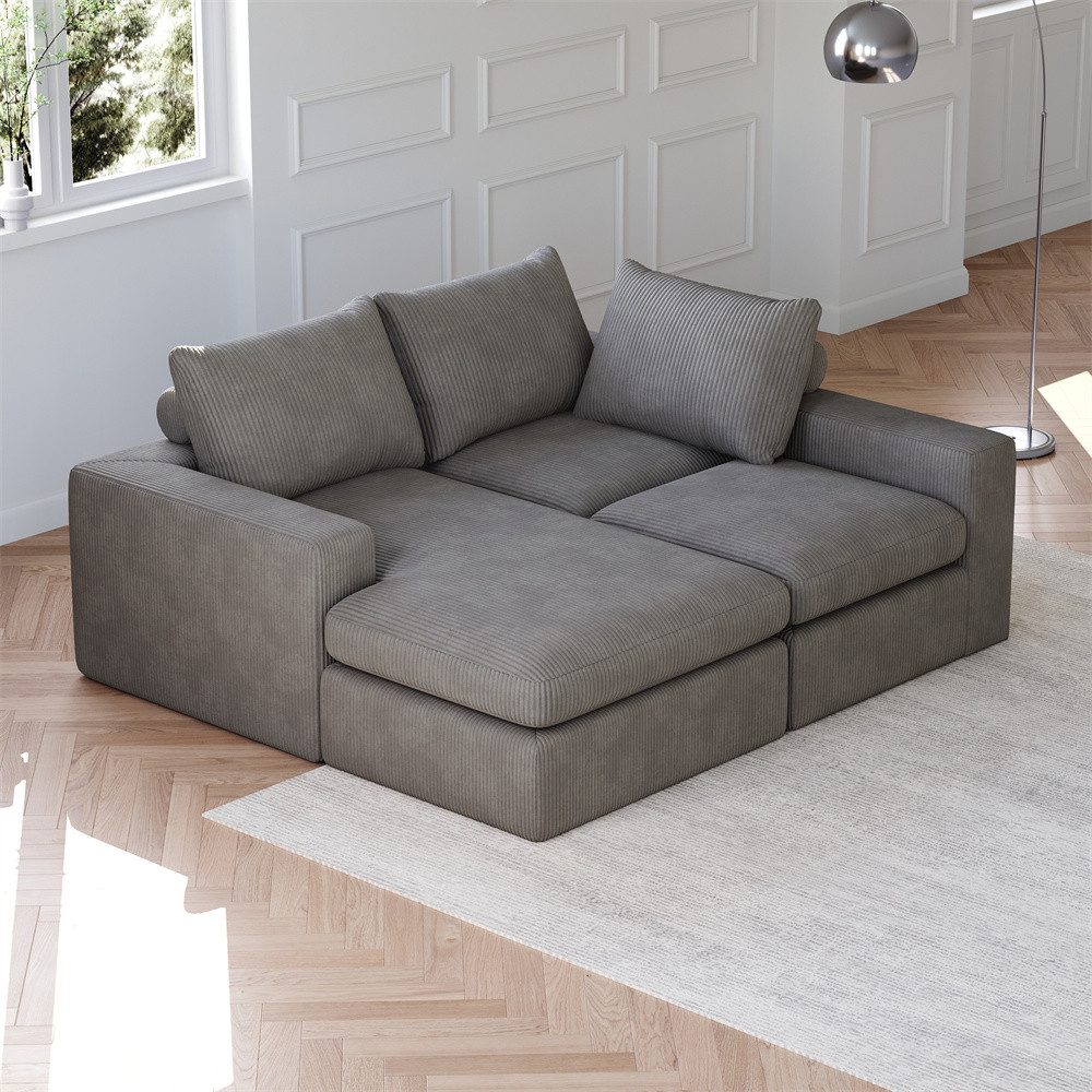 REDOM Ecksofa L-förmiges Cordsofa, mit Chaiselongue, 3 Kissen & Nackenkissen, modulare Bauweise, verstellbare Liegeposition, hochelastischer Schaumstoff 1 Teile, mit Relaxfunktion