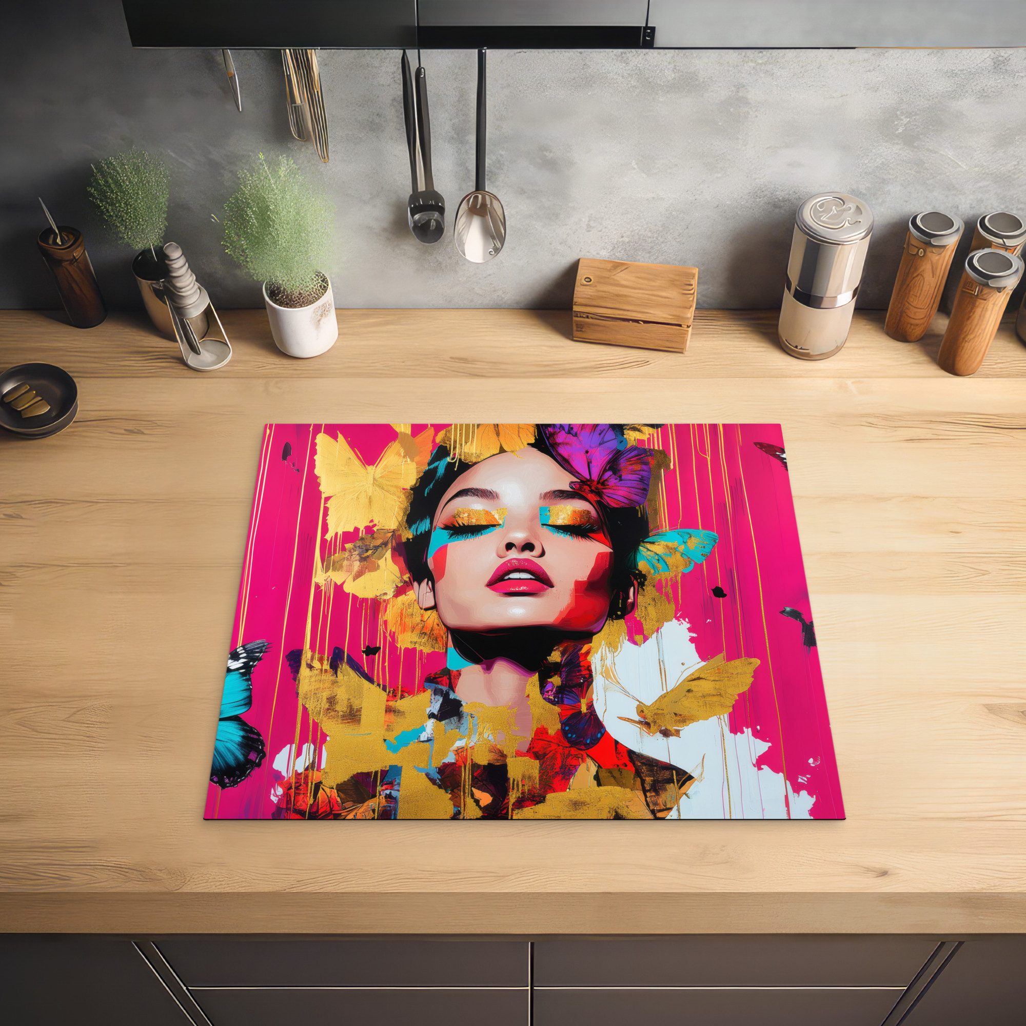 MuchoWow Herd-Abdeckplatte Frau - Abstrakt - Farbenfroh, Vinyl, (1 tlg), Cerankochfeld Abdeckung, Herd Abdeckplatten Vinyl, 58x51 cm