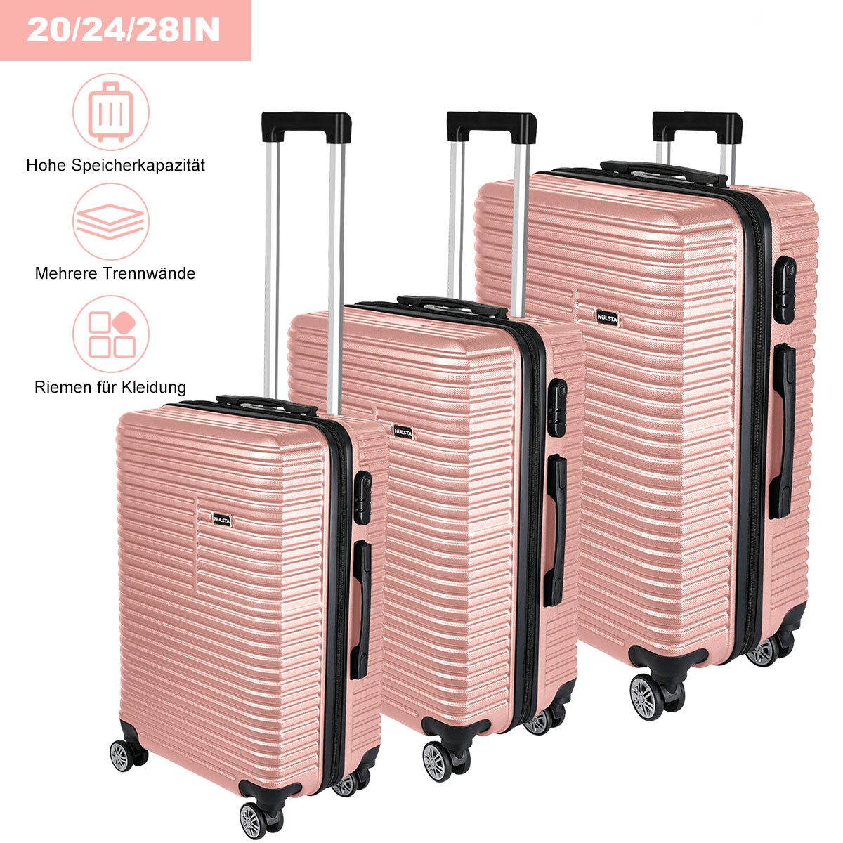 NULSTA Hartschalen-Trolley 4tlg. Hartschalenkofferset, Reisekofferset, Kofferset S, M, L, XL, 3-stelliger Zahlenschloss, 2-stufig höhenverstellbarer Griff, ABS