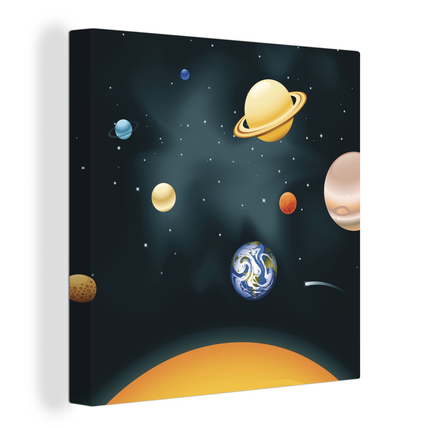 OneMillionCanvasses® Leinwandbild Eine Illustration des Sonnensystems mit unserem Planeten, (1 St), Leinwand Bilder für Wohnzimmer Schlafzimmer