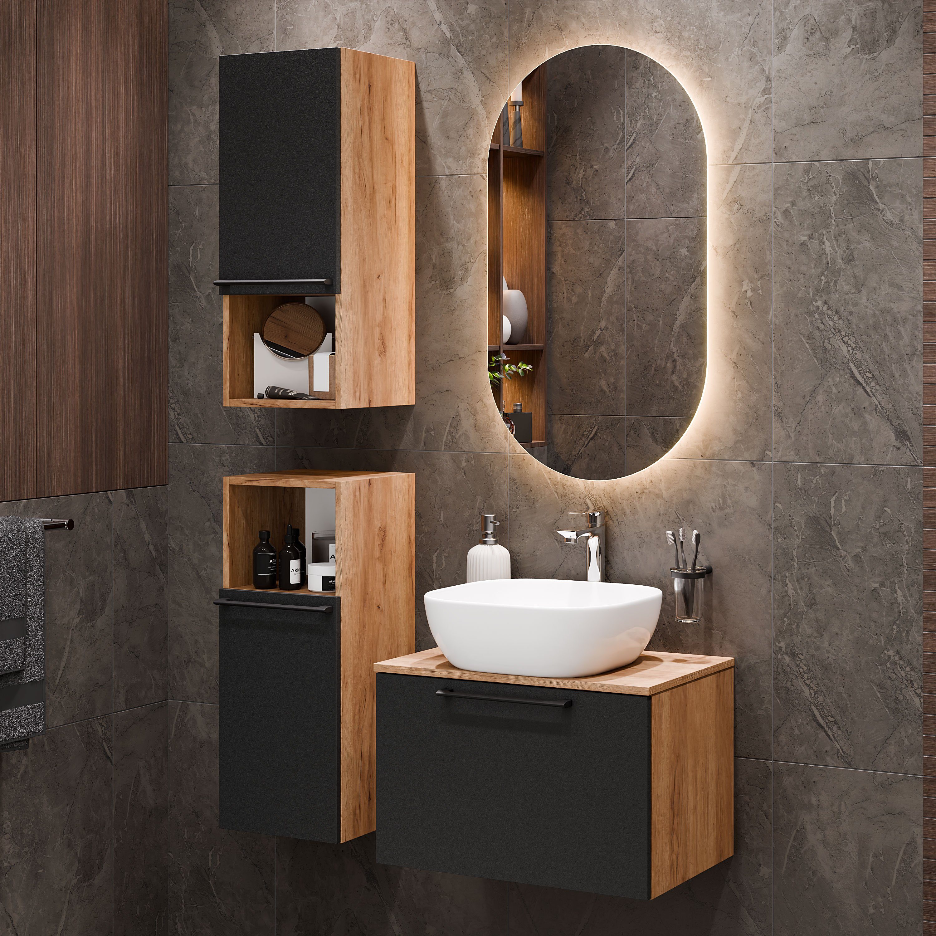 Planetmöbel Badmöbel-Set Astra, (Badezimmer Möbel im modernen Design, 4-St), Waschtisch und Waschbecken weiß mit 2x Midischrank