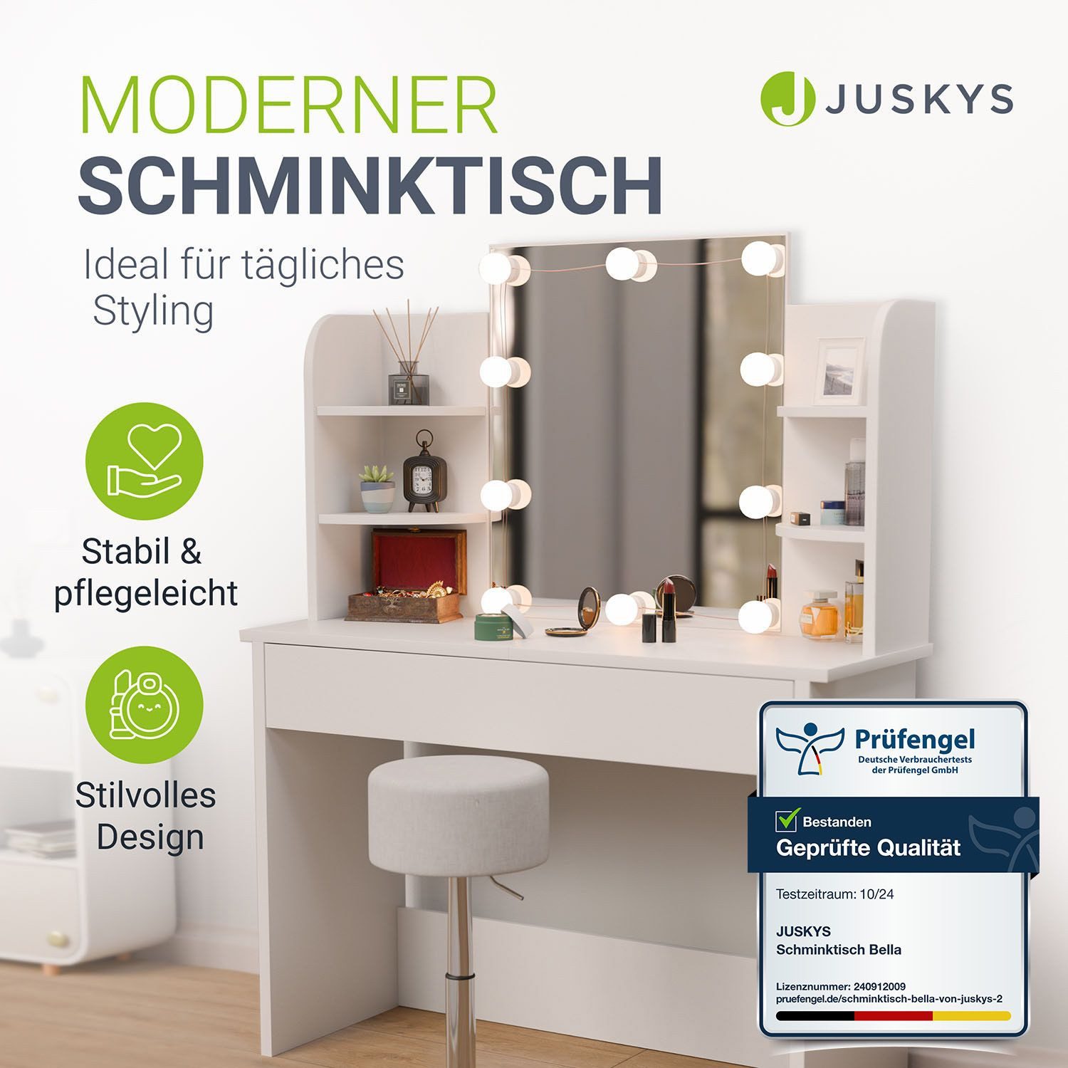 Juskys Schminktisch Bella, Inkl. LED Beleuchtung, Spiegel, Schublade mit 3 günstig online kaufen