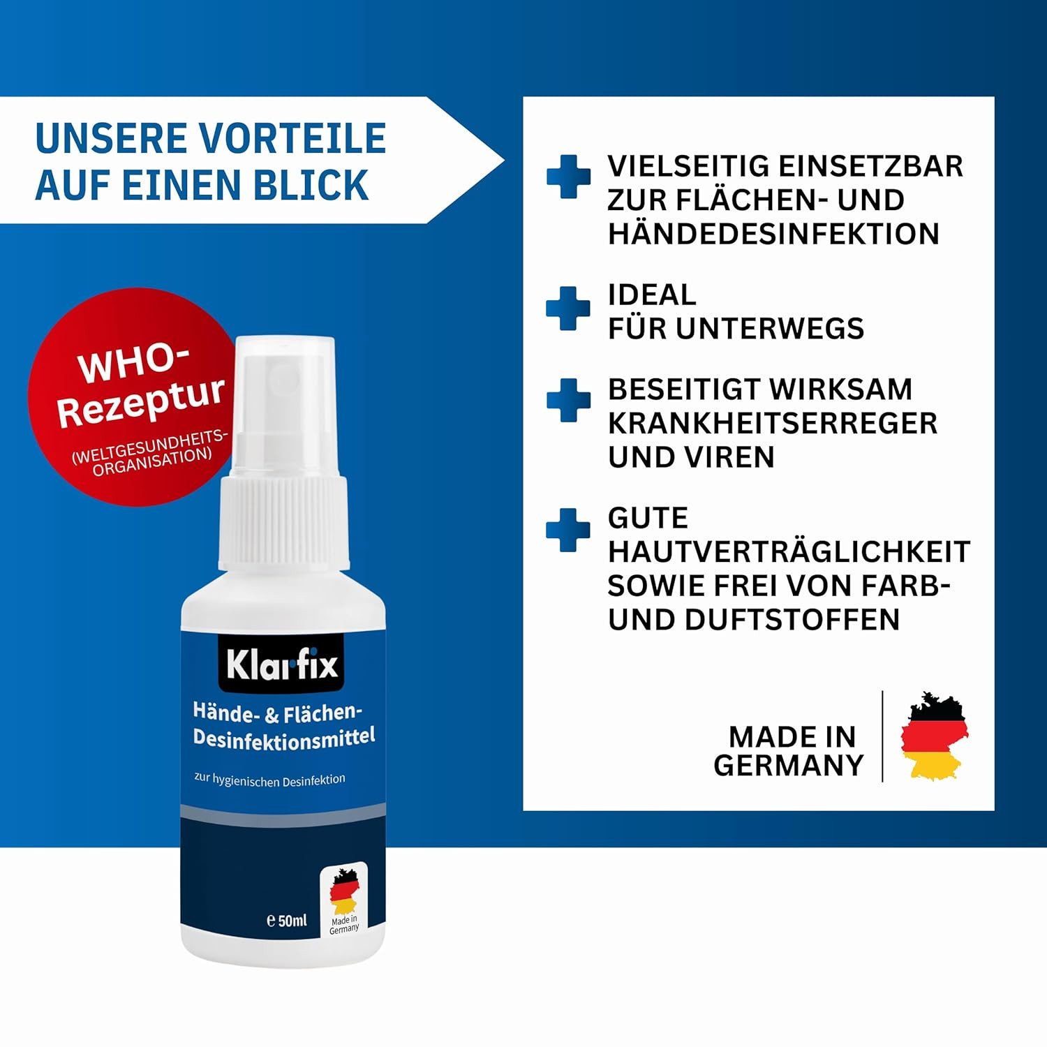 klarfix Hand-Desinfektionsmittel (1-St. 1× 50 ml Hände- & Flächendesinfektionsmittel mit Sprühkopf WHO-konforme Rezeptur)