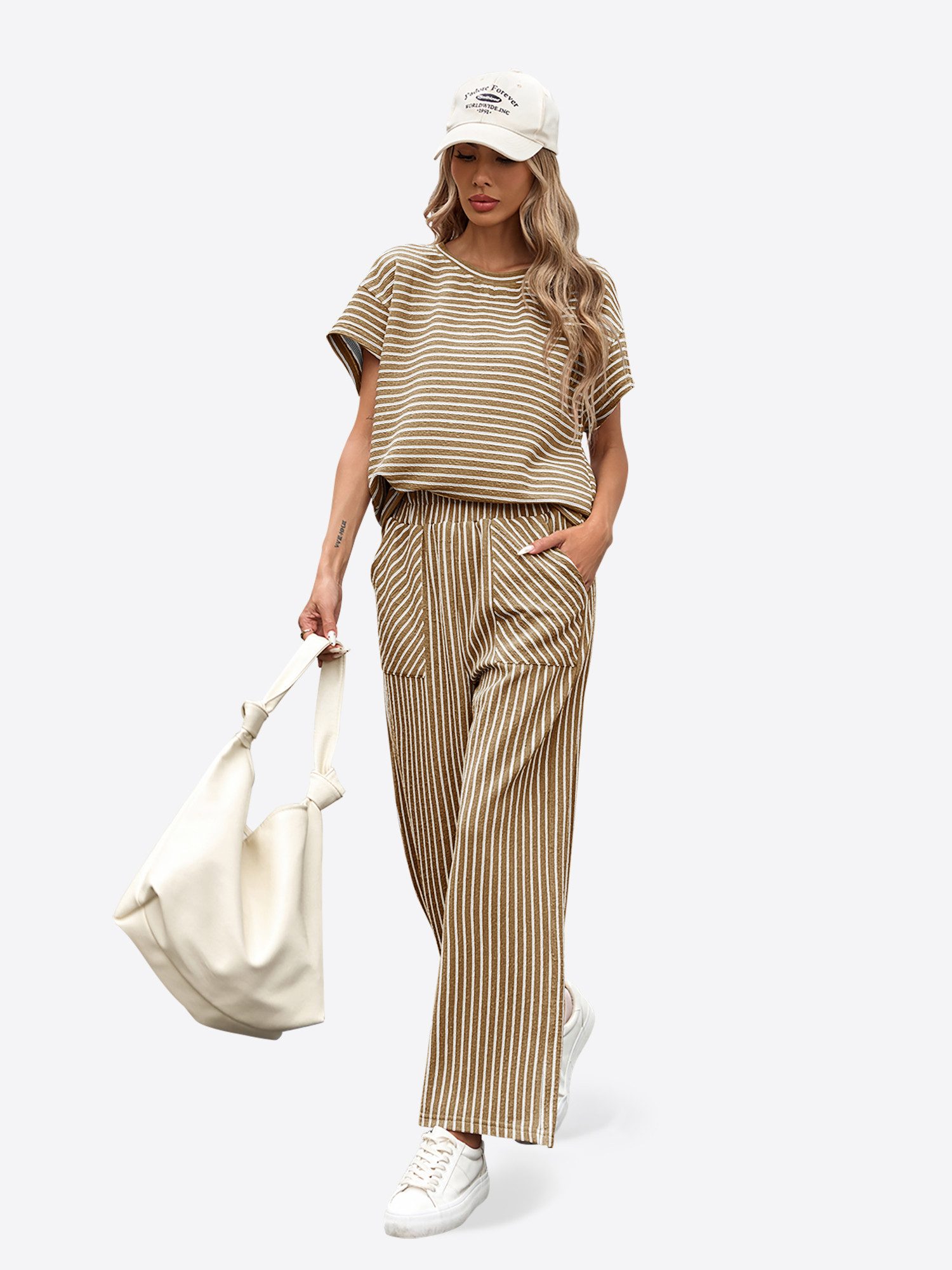 Imily Bela Hausanzug Damen 2-teiliges Set Gestreift Lounge Casual (Set, 2 tlg., 2er-Pack, Kurzarm T-Shirt+Hose mit Eingrifftaschen) Rundhals Fledermausärmel