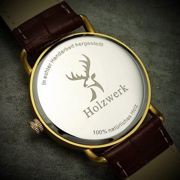 Holzwerk Quarzuhr SEINFELD Epoxidharz Edelstahl & Leder Uhr in gold, braun und grün