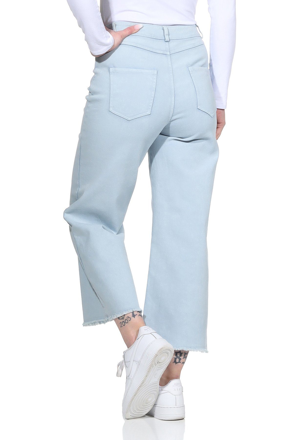 mit für knöchelfrei, Culotte Weite 100% Jeans Wide Damen Gürtelschlaufen, Hellblau Leg Baumwolle Jeans Damenmode Aurela