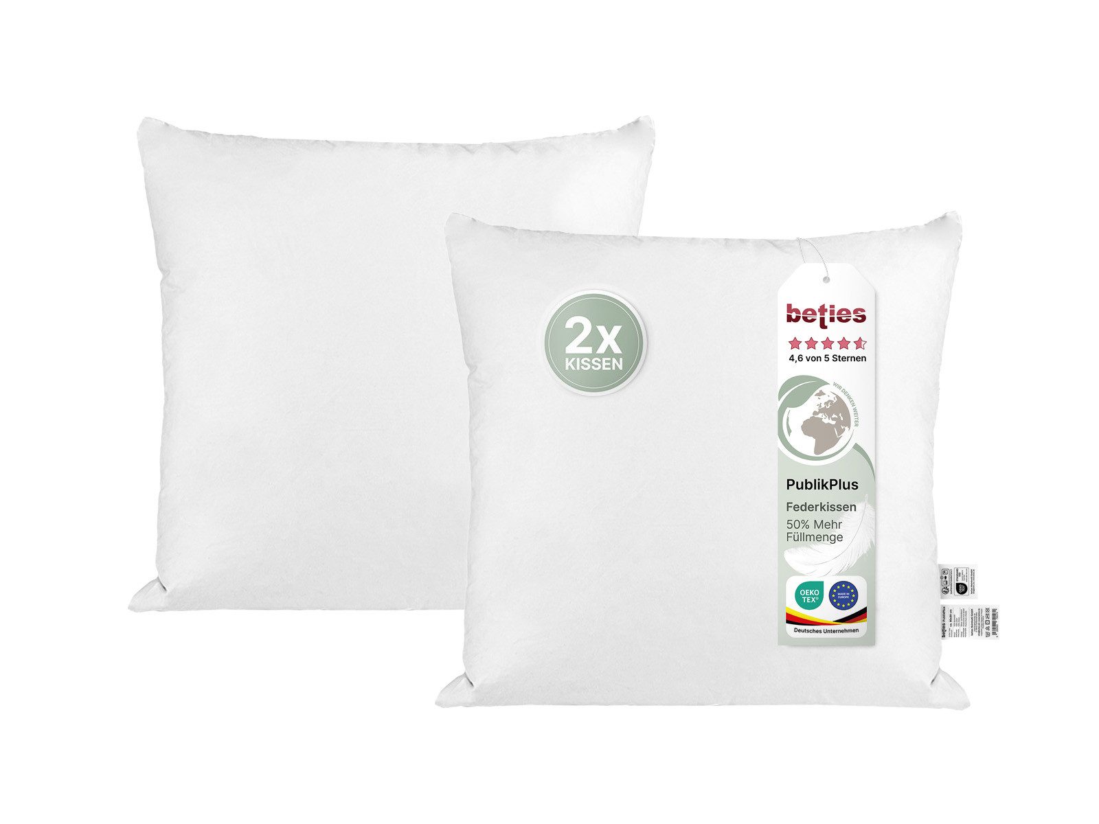 beties Federkissen PublikPlus, Füllung: 100% Federn, Bezug: Baumwolle, Seitenschläfer, Nackenstütze, Bauchschläfer, Rückenschläfer, 2-tlg., 40x40 cm – 50 % Mehrfüllung – waschbar