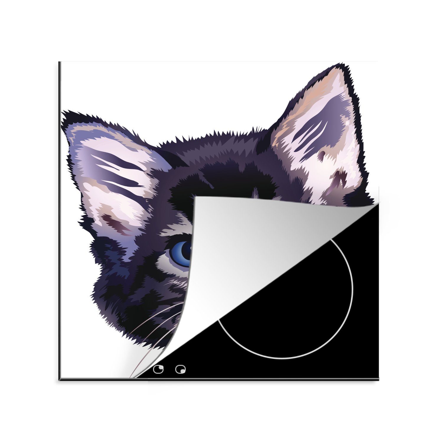 MuchoWow Herdblende-/Abdeckplatte Die Illustration einer Katze mit blauen Augen, Vinyl, (1 tlg), 78x78 cm, Ceranfeldabdeckung, Arbeitsplatte für küche