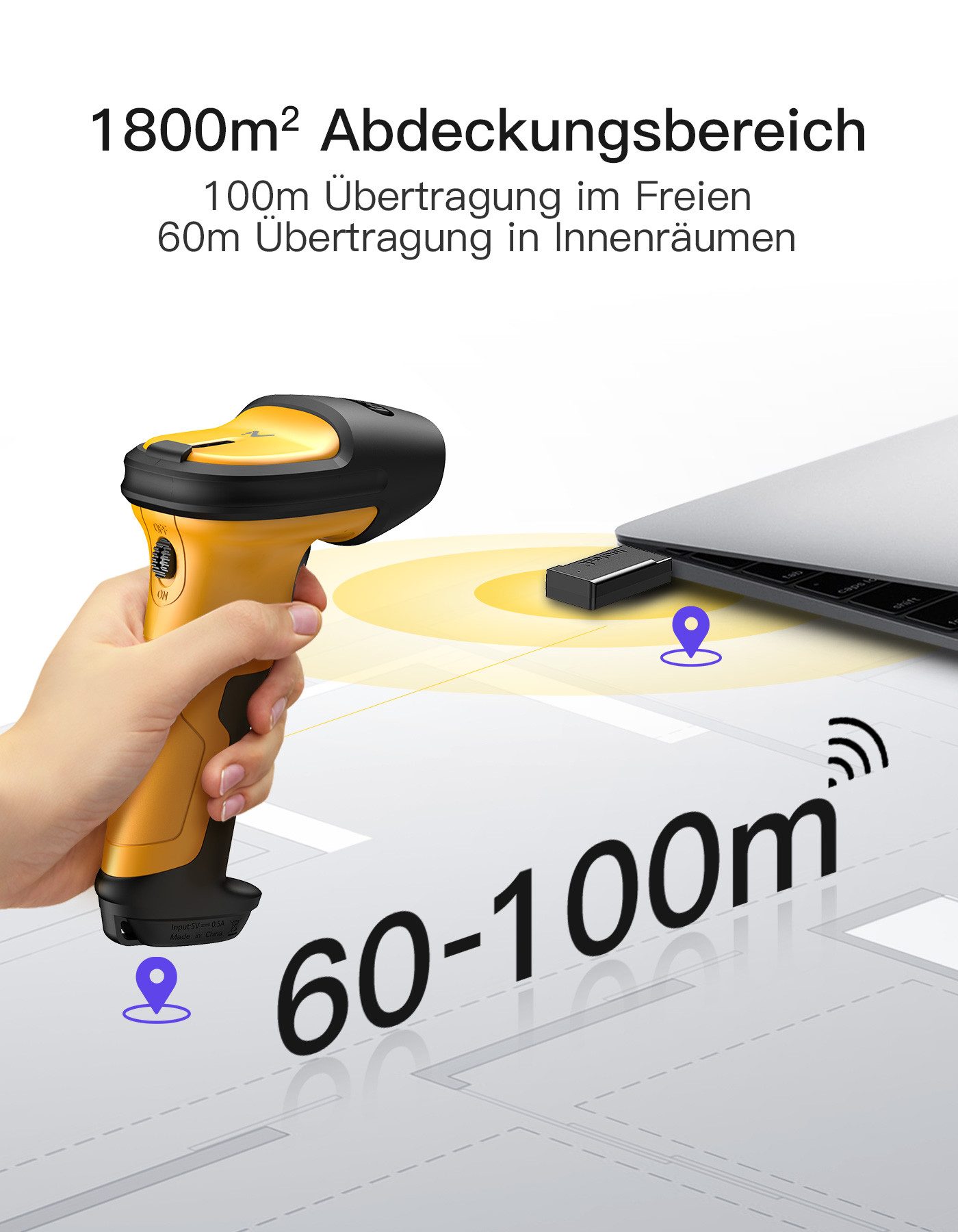 Inateck Barcode Scanner Wireless mit AI, Akku mit 2600 mAh, 60 m Reichweite Handscanner, (Automatisches Abtasten für Schnelles und Präzises Scannen)