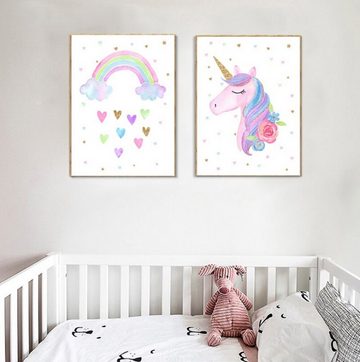 TPFLiving Kunstdruck (OHNE RAHMEN) Poster - Leinwand - Wandbild, Einhorn mit Wolken und Regenbogen für Kinderzimmer, (Mädchenzimmer, Babyzimmer, Jungenzimmer, Kindergarten), Farben: pink, rosa, grün, blau - Größe: 10x15cm