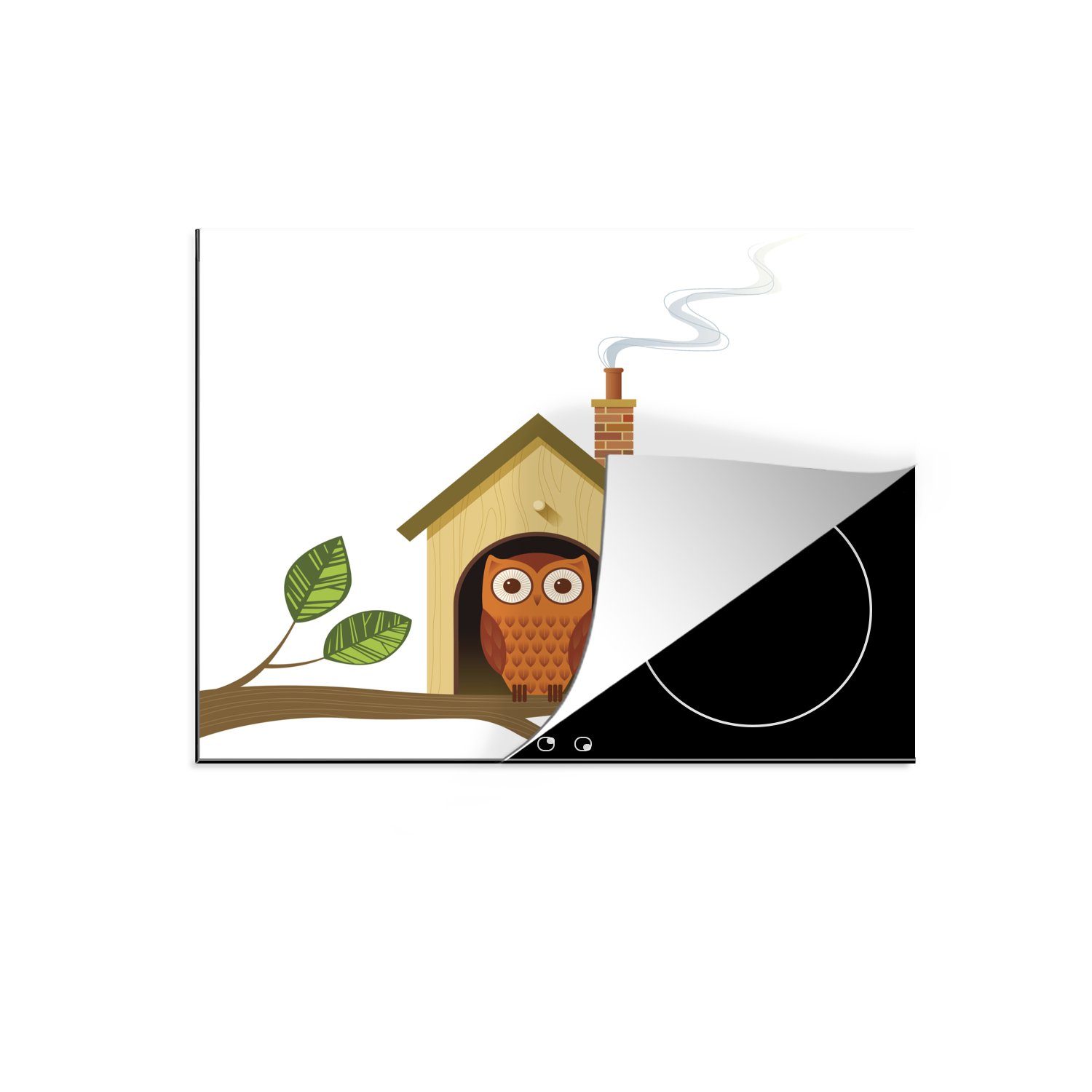 MuchoWow Herdblende-/Abdeckplatte Illustration einer Eule und ihres Hauses, Vinyl, (1 tlg), 60x52 cm, Mobile Arbeitsfläche nutzbar, Ceranfeldabdeckung