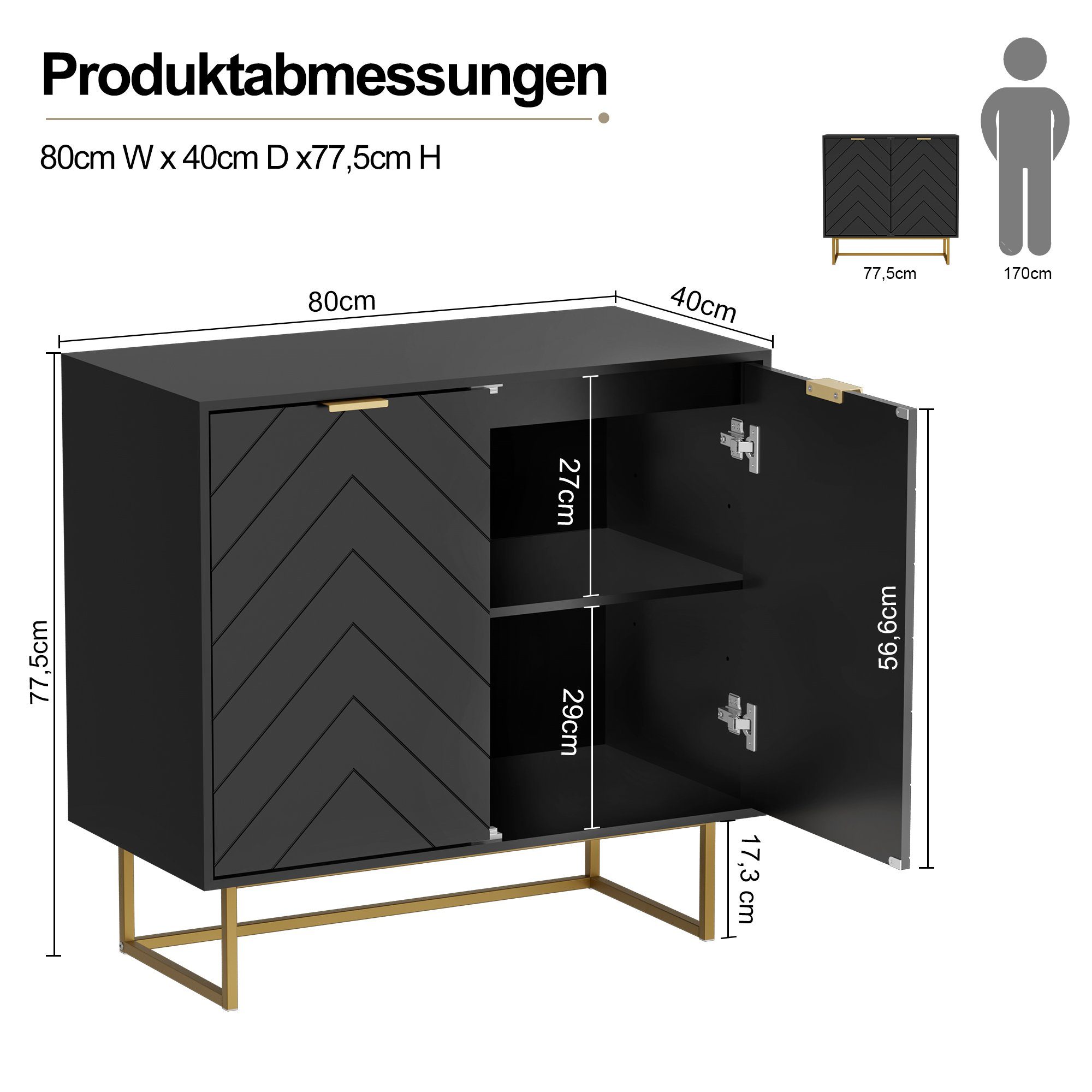 UEV Sideboard Kommode mit 2 Türen & Verstellbaren Ablagen & Metallfüße 80x40x77,5cm (mit Kippschutz), Küchenschrank Mehrzweckschrank für Flur Wohnzimmer Schlafz – Bild 3 von 5