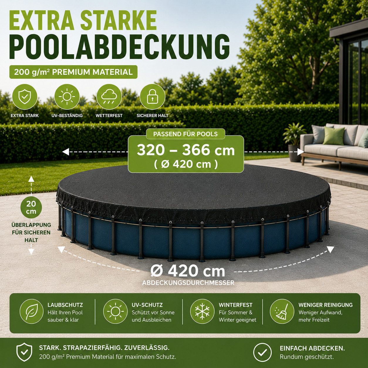 Gartiva® Poolüberdachung Poolabdeckplane rund schwarz – 200 g/m² Solar Poolplane UV-beständig