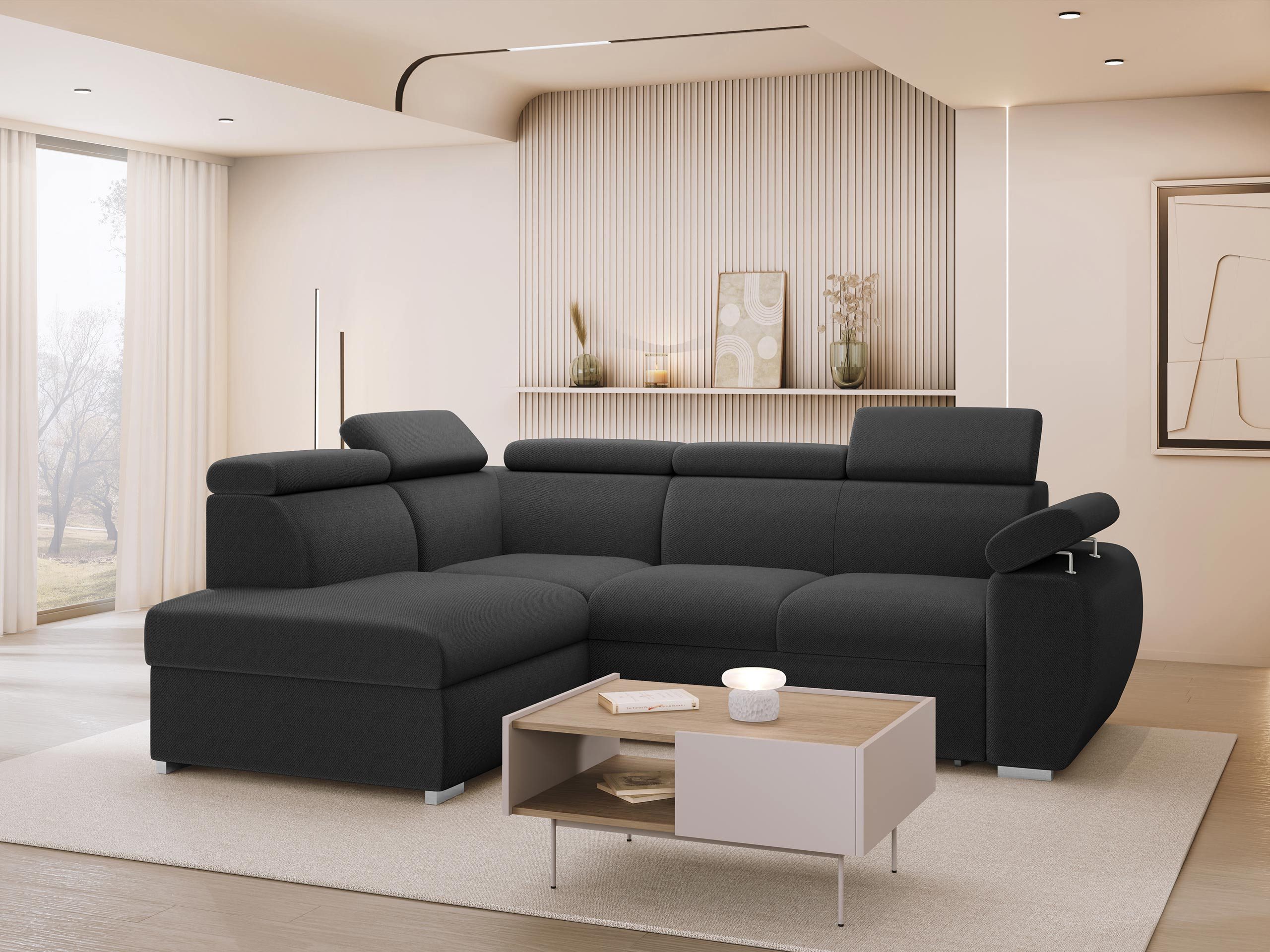 MIRJAN24 Ecksofa Boston, mit Bettkasten und Schlaffunktion, Einstellbare Kopfstützen, Verchromte Füße