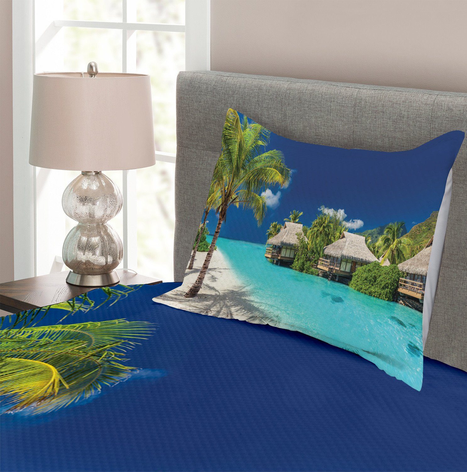 mit Waschbar, Strandhäuser Set Kissenbezügen Abakuhaus, Insel Tagesdecke Wasser-Kunst auf