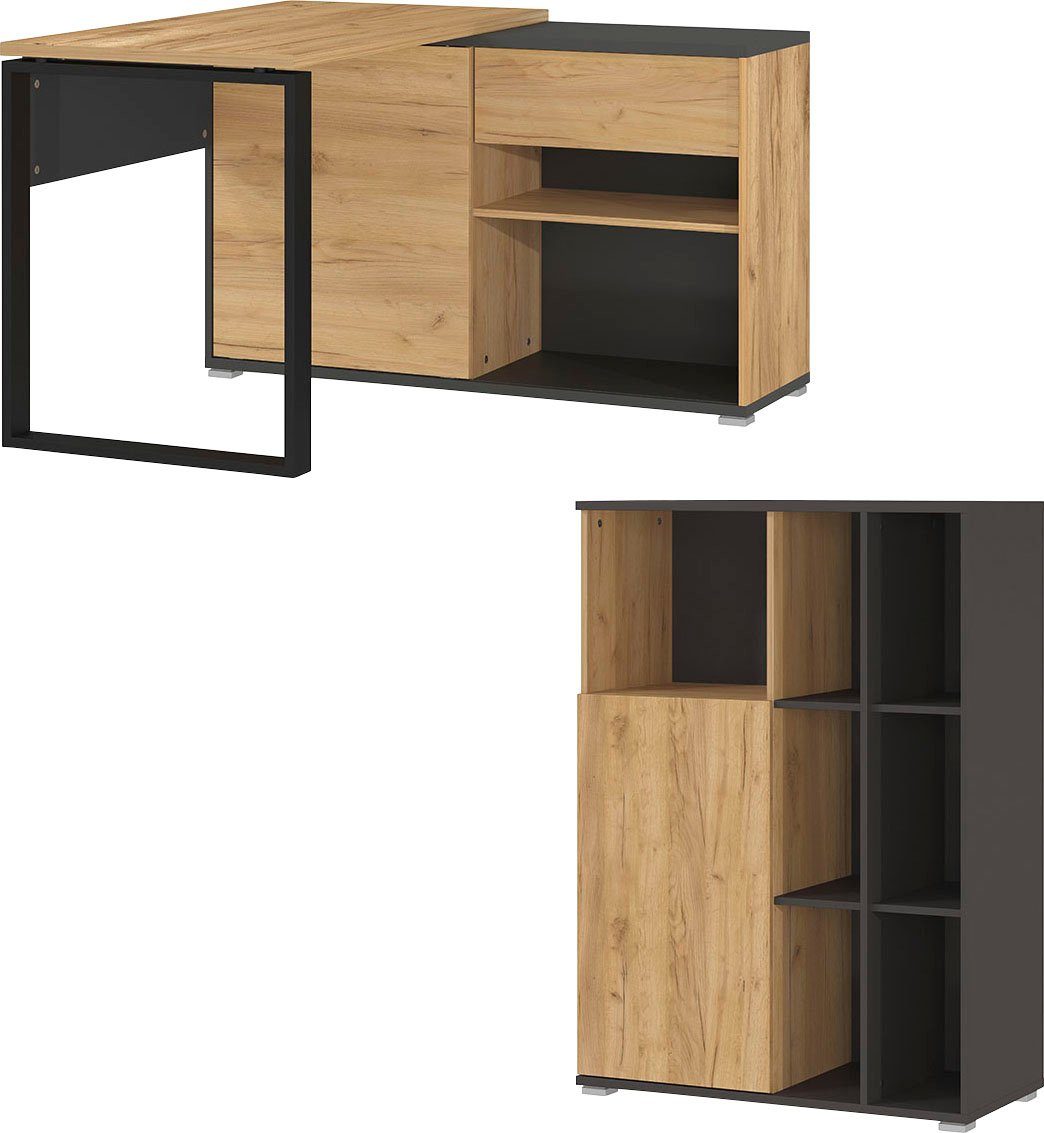 GERMANIA Büromöbel-Set Fintona, inklusive Winkelschreibtisch und  Aktenschrank, Schreibtisch mit Metallkufe und integriertem Sideboard