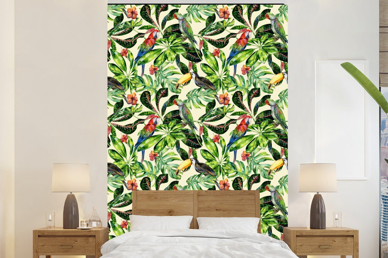 MuchoWow Fototapete Hibiskus - Blumen - Vögel, Matt, bedruckt, (3 St), Montagefertig Vinyl Tapete für Wohnzimmer, Wandtapete