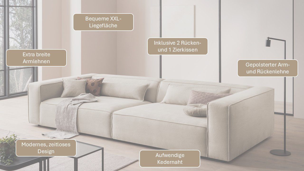 LeGer Home by Lena Gercke 3-Sitzer PIARA XXL, Sofa mit Kedernaht in Cord, Leinenoptik o. Strukturstoff, schwarze Füße, bequemer Sitzkomfort, extra tiefe Sitzfläche