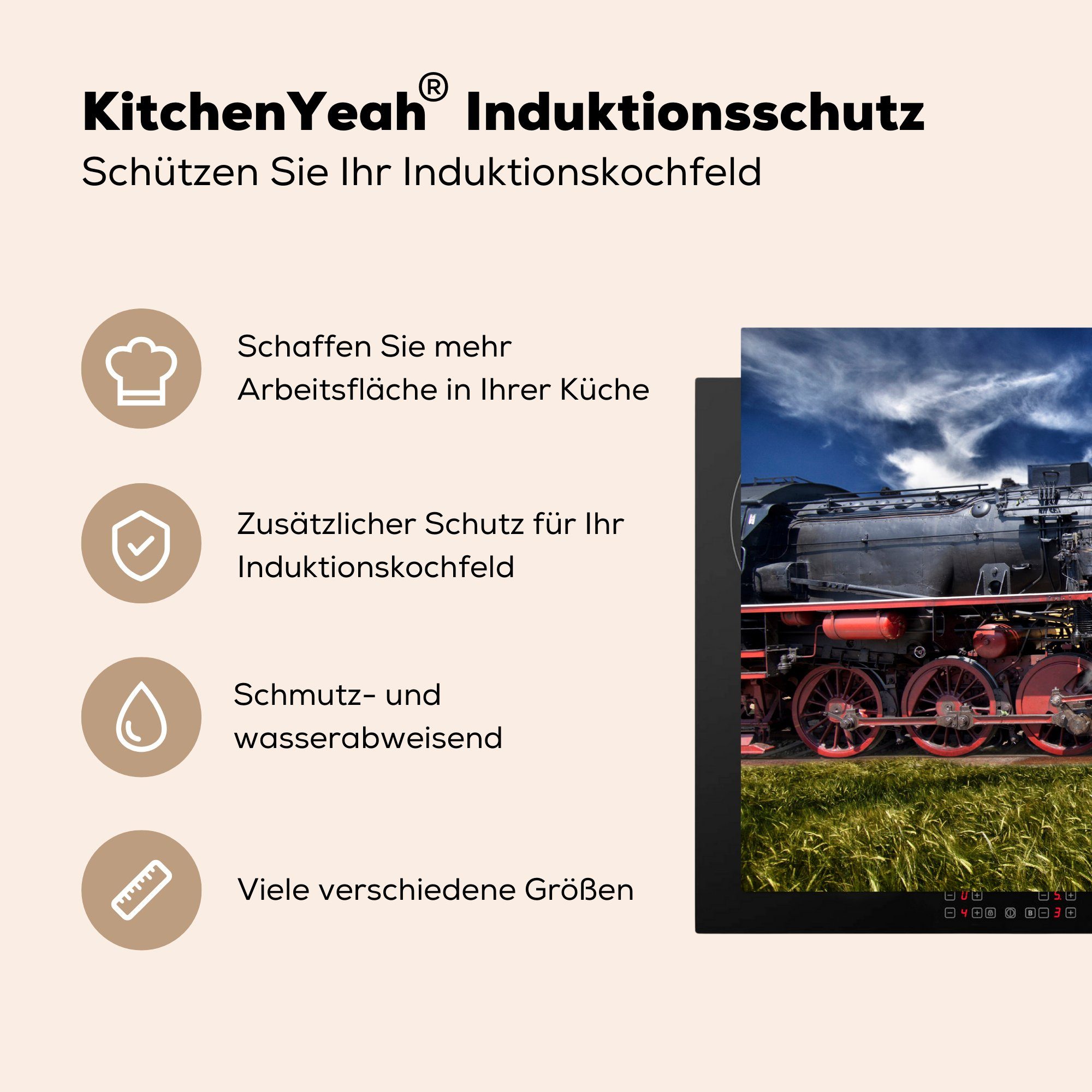 MuchoWow Herdblende-/Abdeckplatte Dampflokomotive auf Vinyl, einem die für 81x52 Schutz (1 Ceranfeldabdeckung Feld, cm, tlg), Induktionskochfeld küche