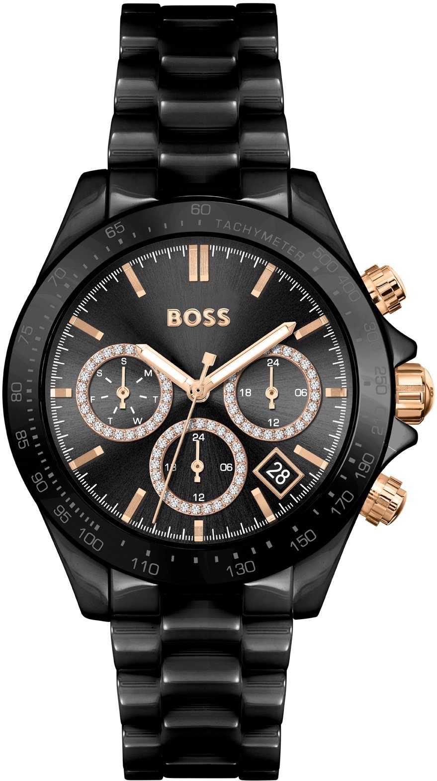 BOSS Multifunktionsuhr Novia Ceramic, 1502633, Quarzuhr, Damenuhr, Armbanduhr, Glaskristalle, Datum, Tachymeter