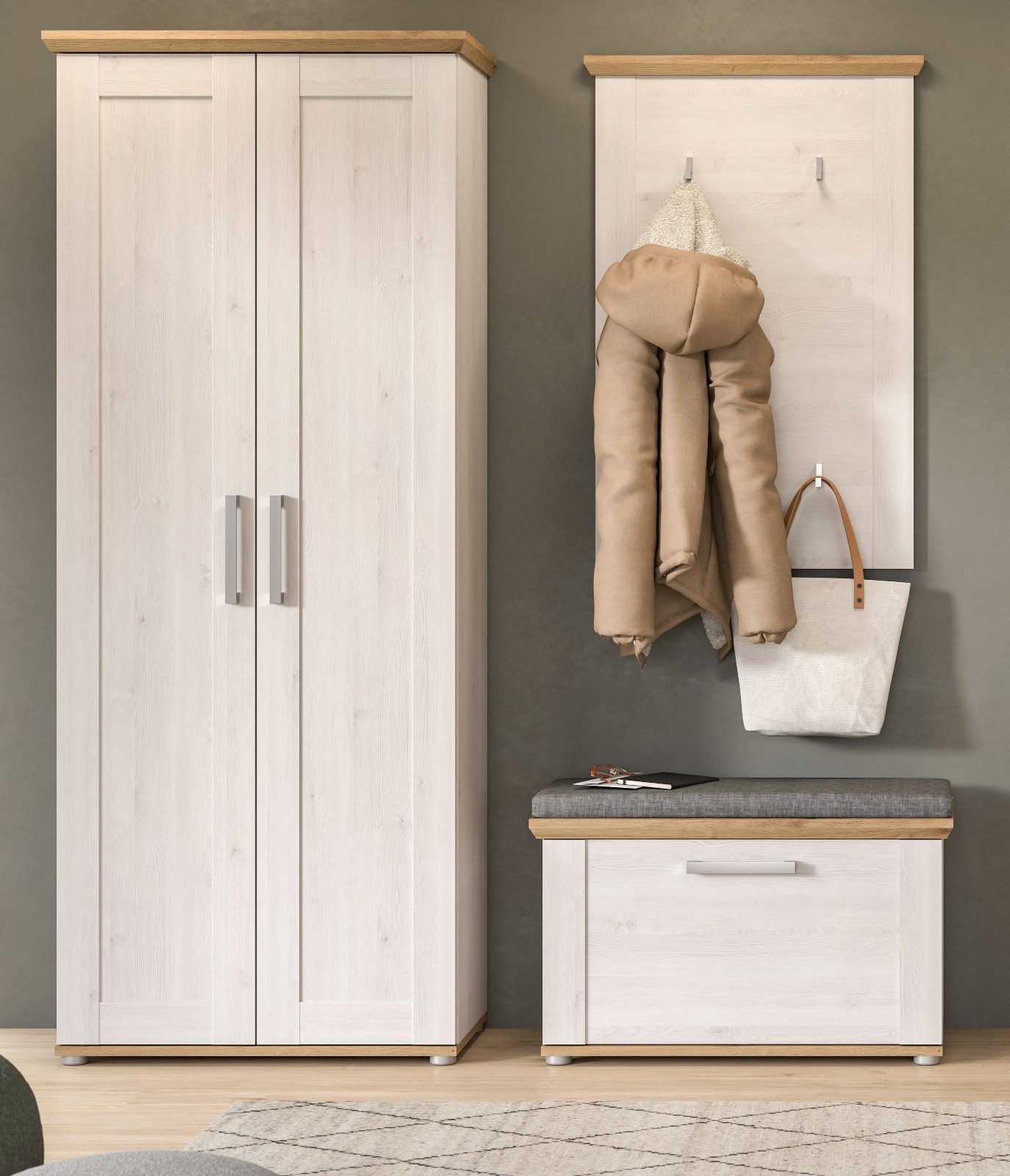 Inn.Furn Garderoben-Set Mirano, (Flurgarderobe in weiß Lerche mit Eiche Artisan, 3-St., 175 x 196 cm), Landhaus modern