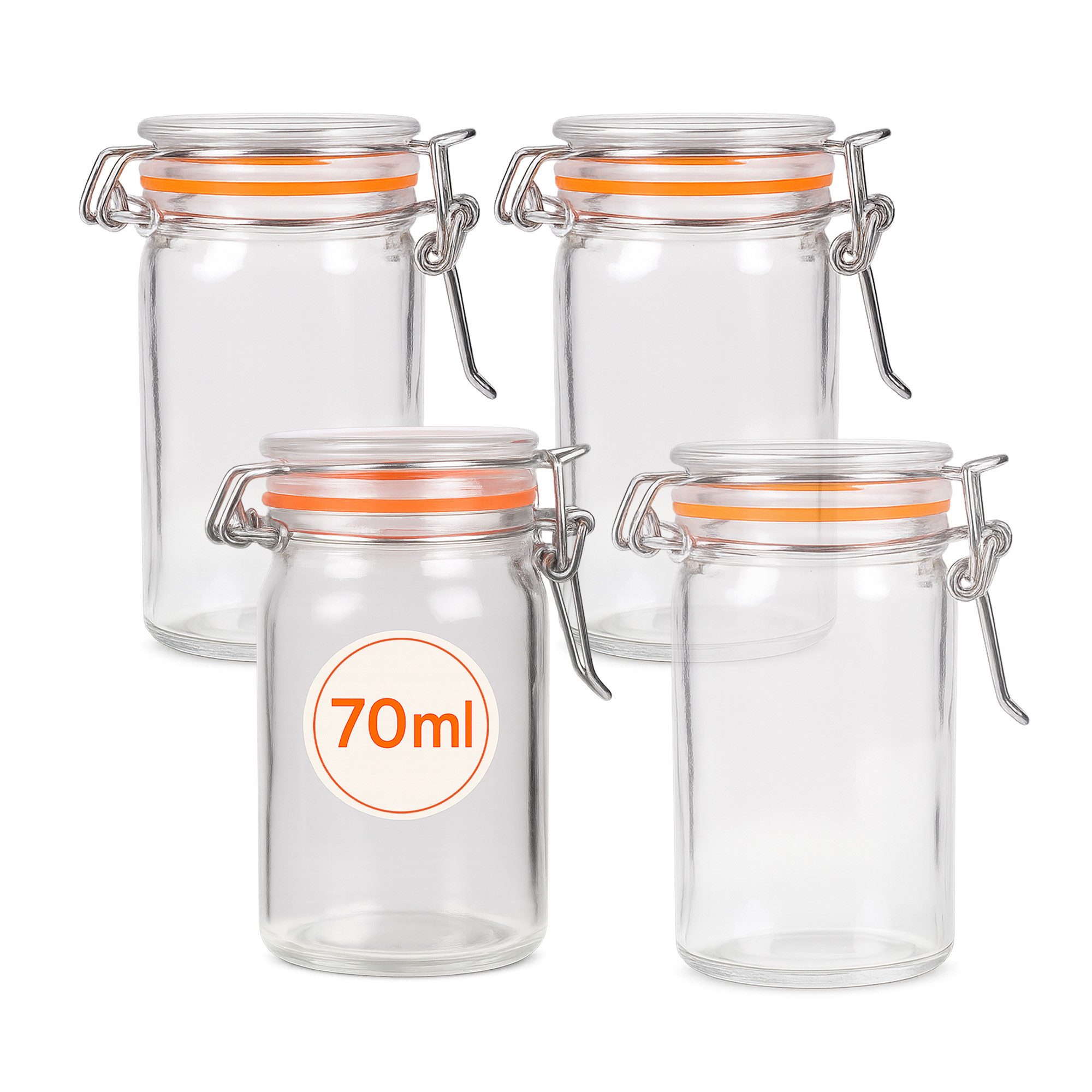 Bestlivings Einmachglas mit Bügelverschluss 70ml, Glas, (4-tlg), luftdicht, wiederverwendbar, spülmaschinengeeignet