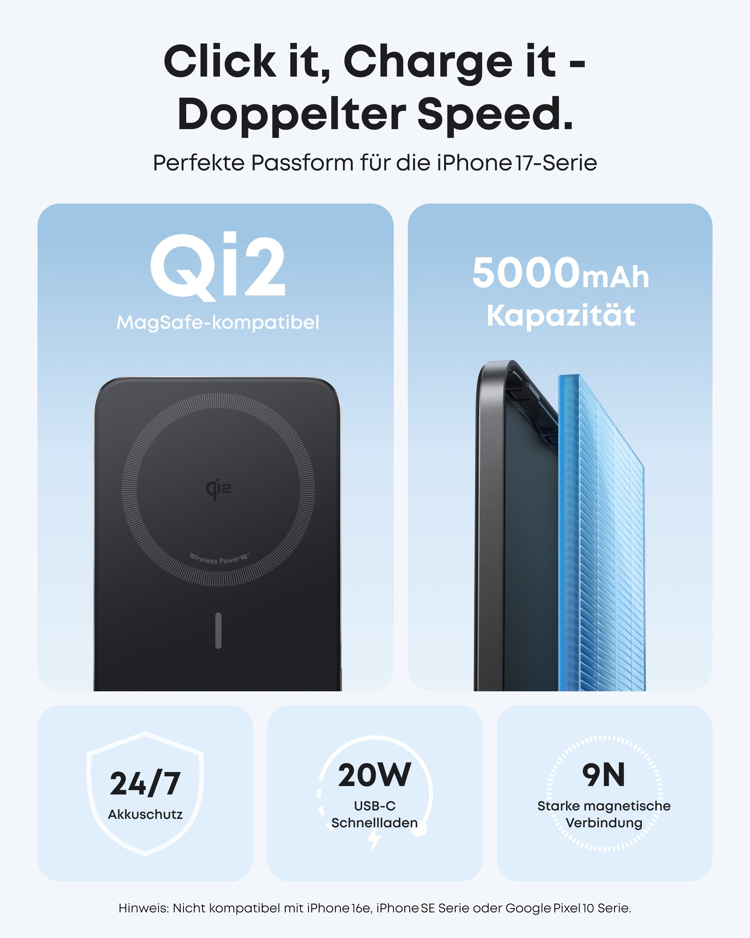 Anker Anker Nano Powerbank, Qi2-zertifiziert, 5000mAh Magnet- Powerbank 15W Max ultraschnelles Laden, MagSafe-kompatibel, tragbares Ladegerät 5000 mAh (5 V), Kabelloses Laden, für iPhone 17/16/15/14/13